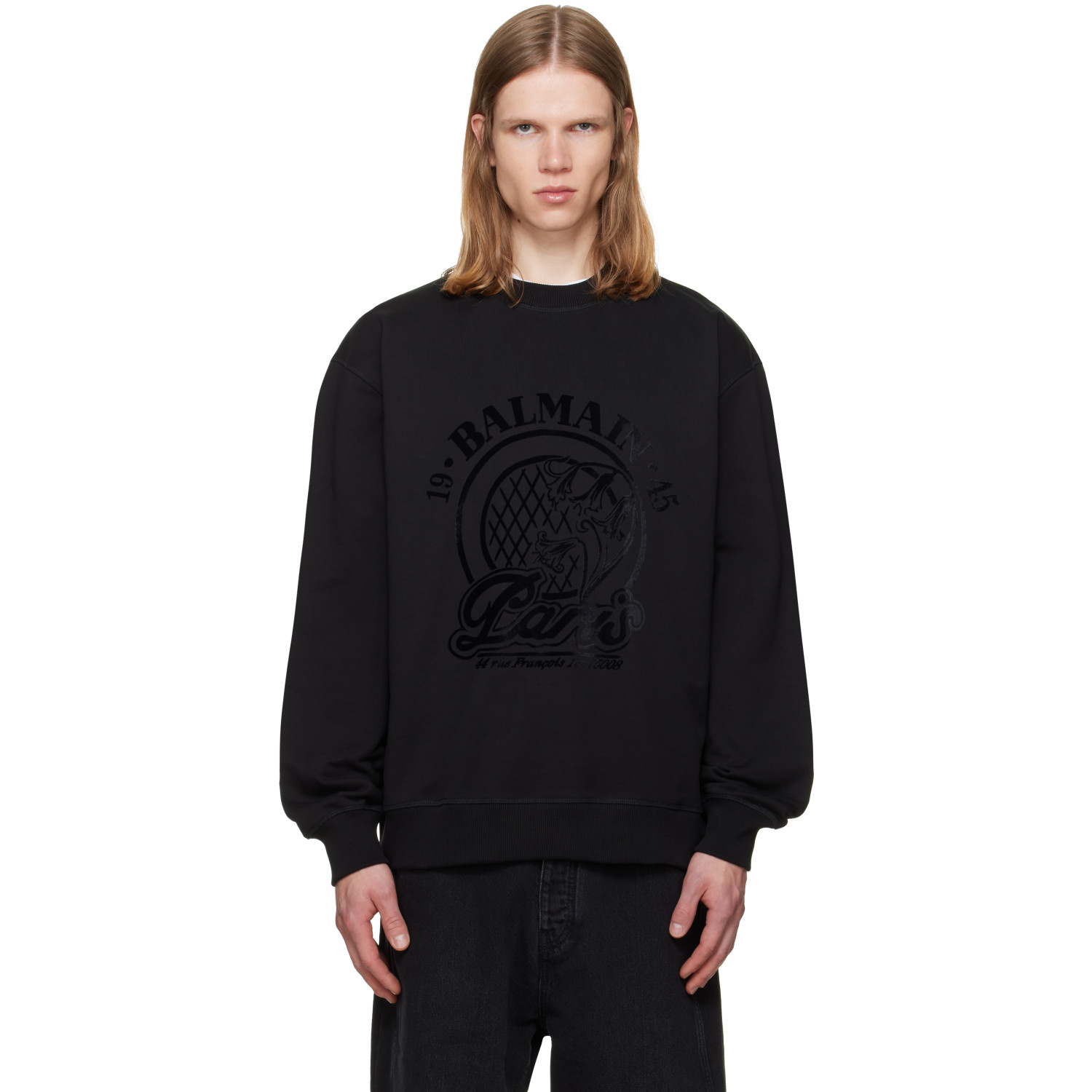 BALMAIN Black 'Balmain' Quilted Flock Sweatshirt