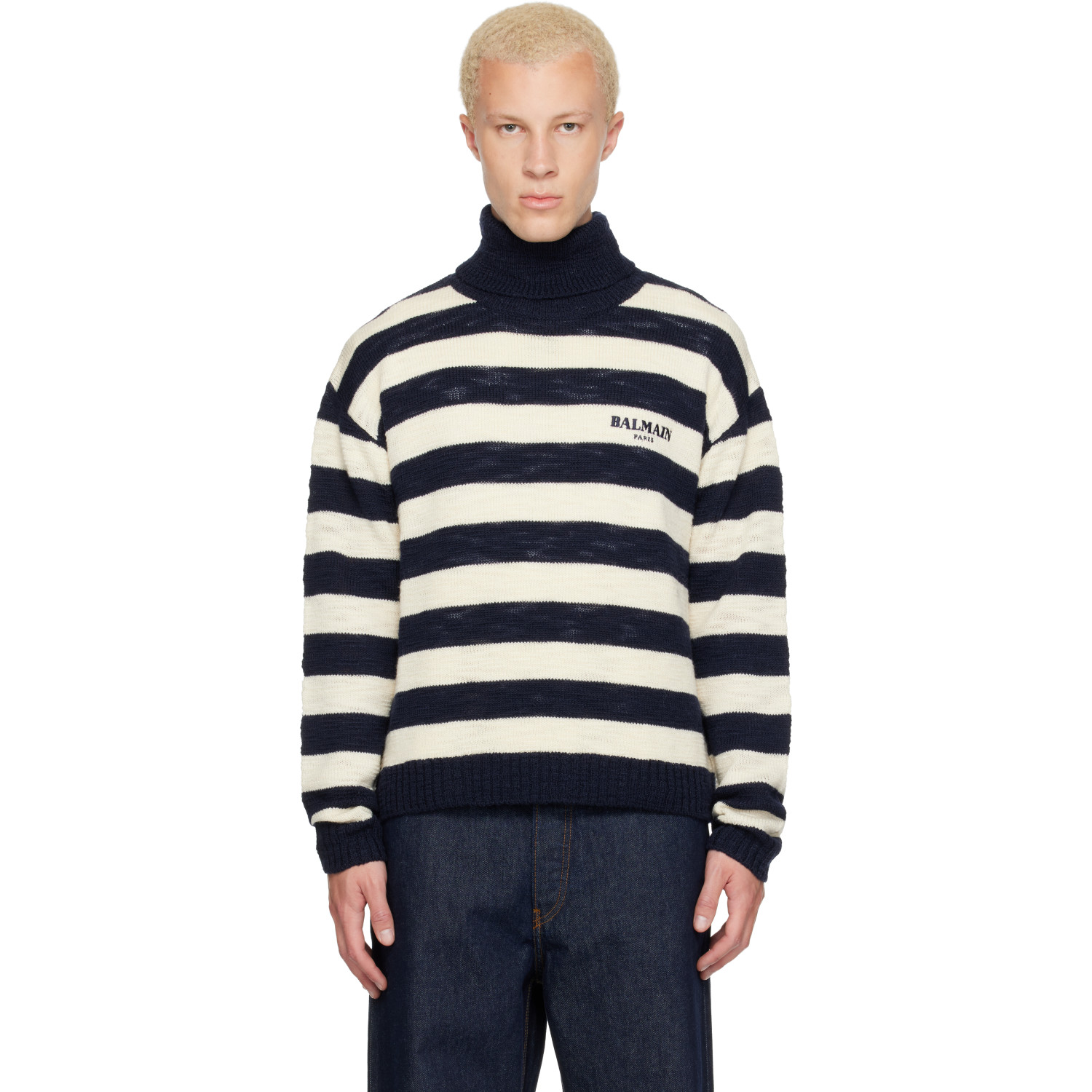 BALMAIN Navy & Off-White Mariniere Vintage Wool Turtleneck