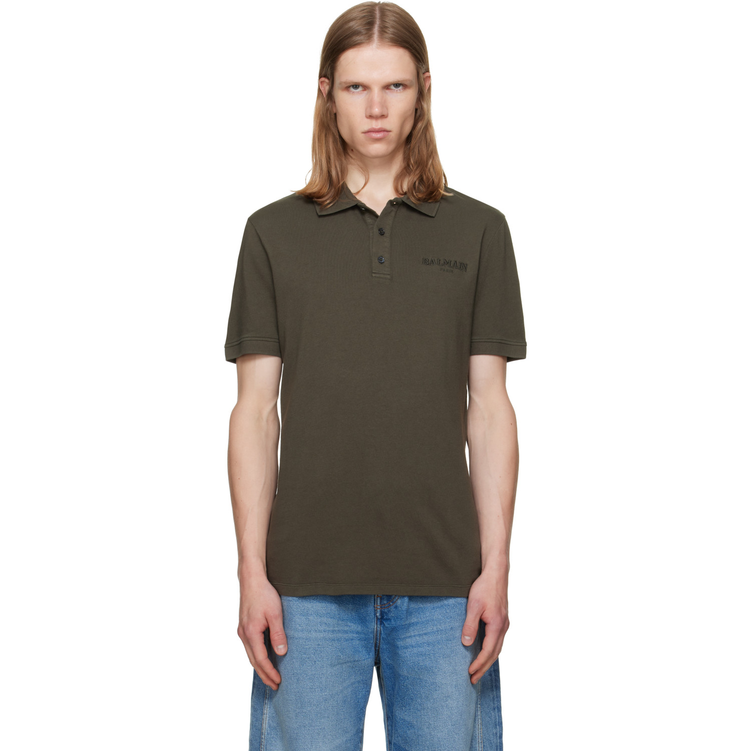 BALMAIN Khaki Small Vintage Embroidery Slim Fit Polo