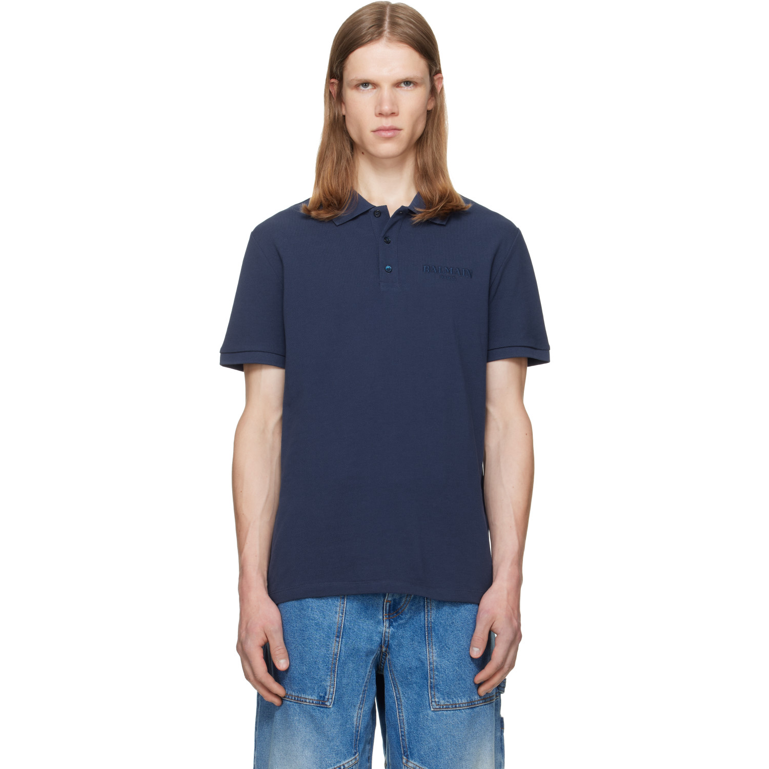 BALMAIN Blue Small Vintage Embroidered Polo