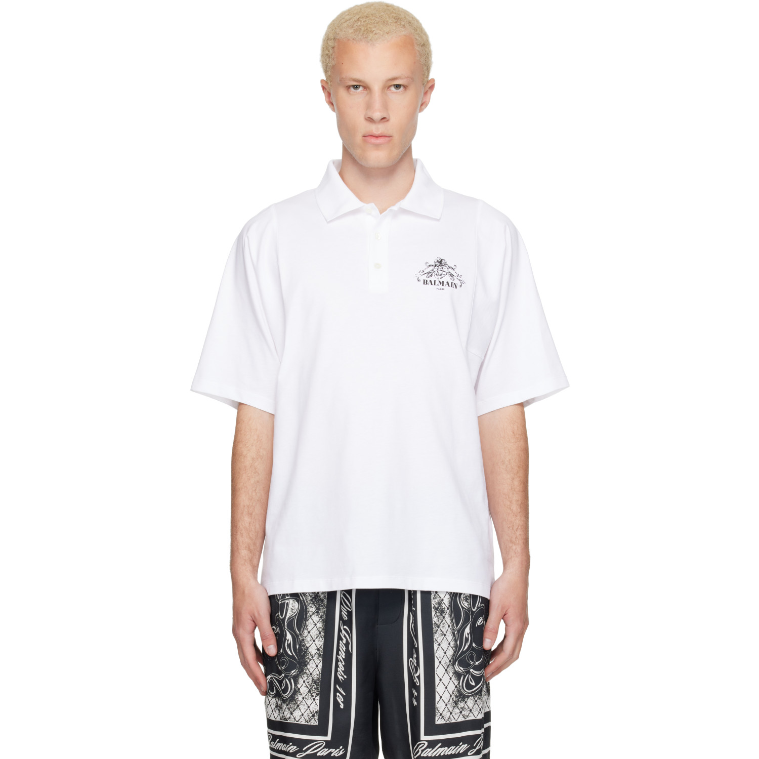BALMAIN White Printed 'Balmain Vine' Polo