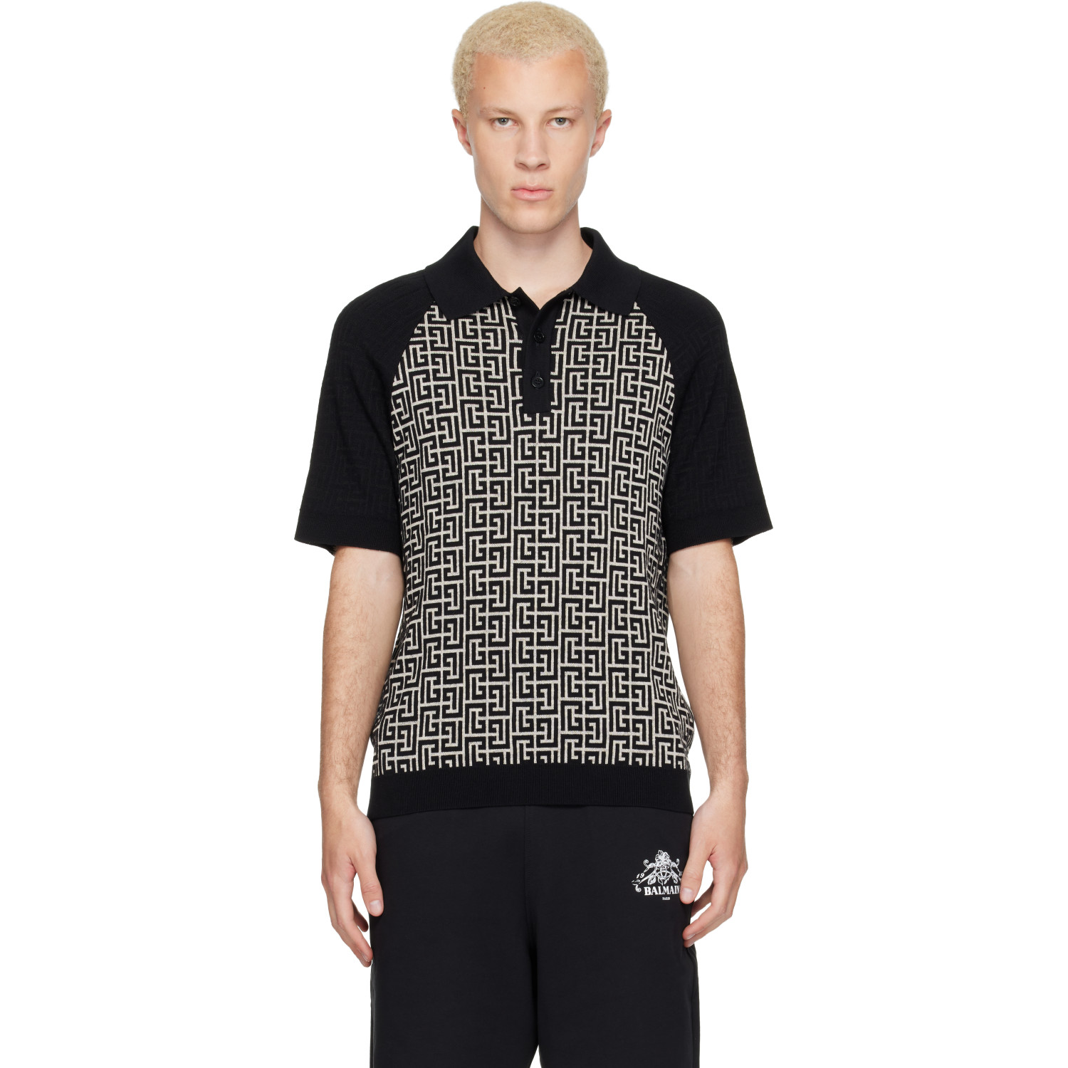 BALMAIN Black & White Monogram Cotton Linen Knit Polo