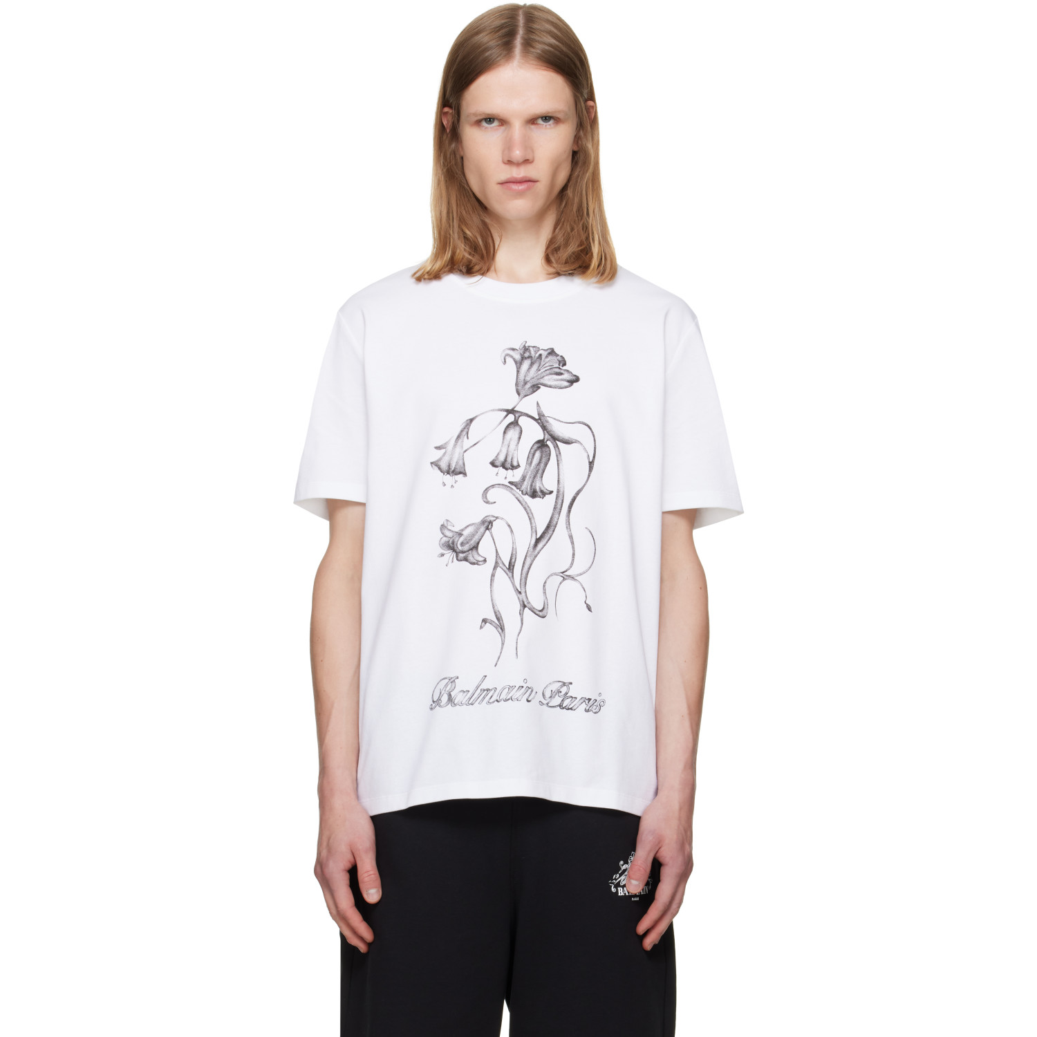 BALMAIN White 'Balmain Flower' Print T-shirt