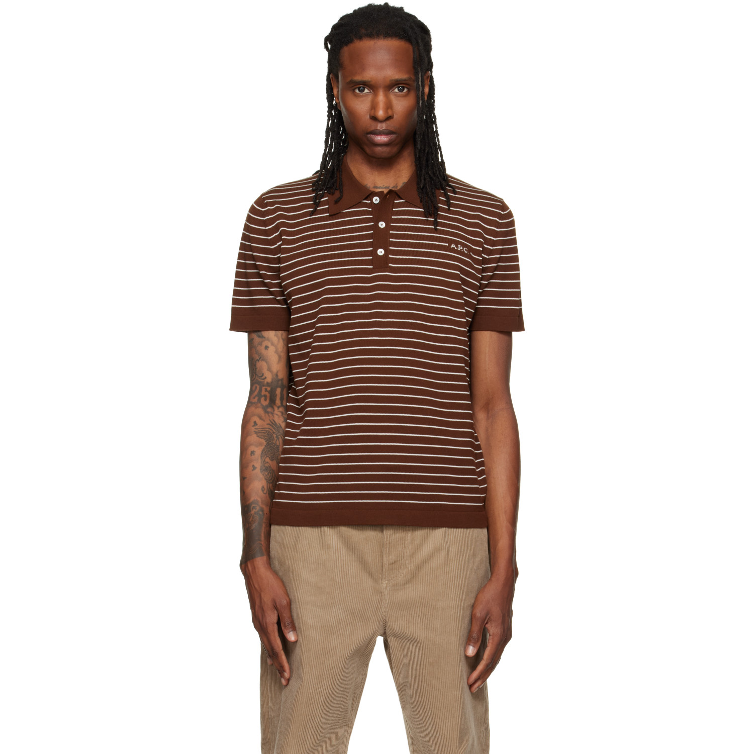 A.P.C. Brown Fitted Striped Polo