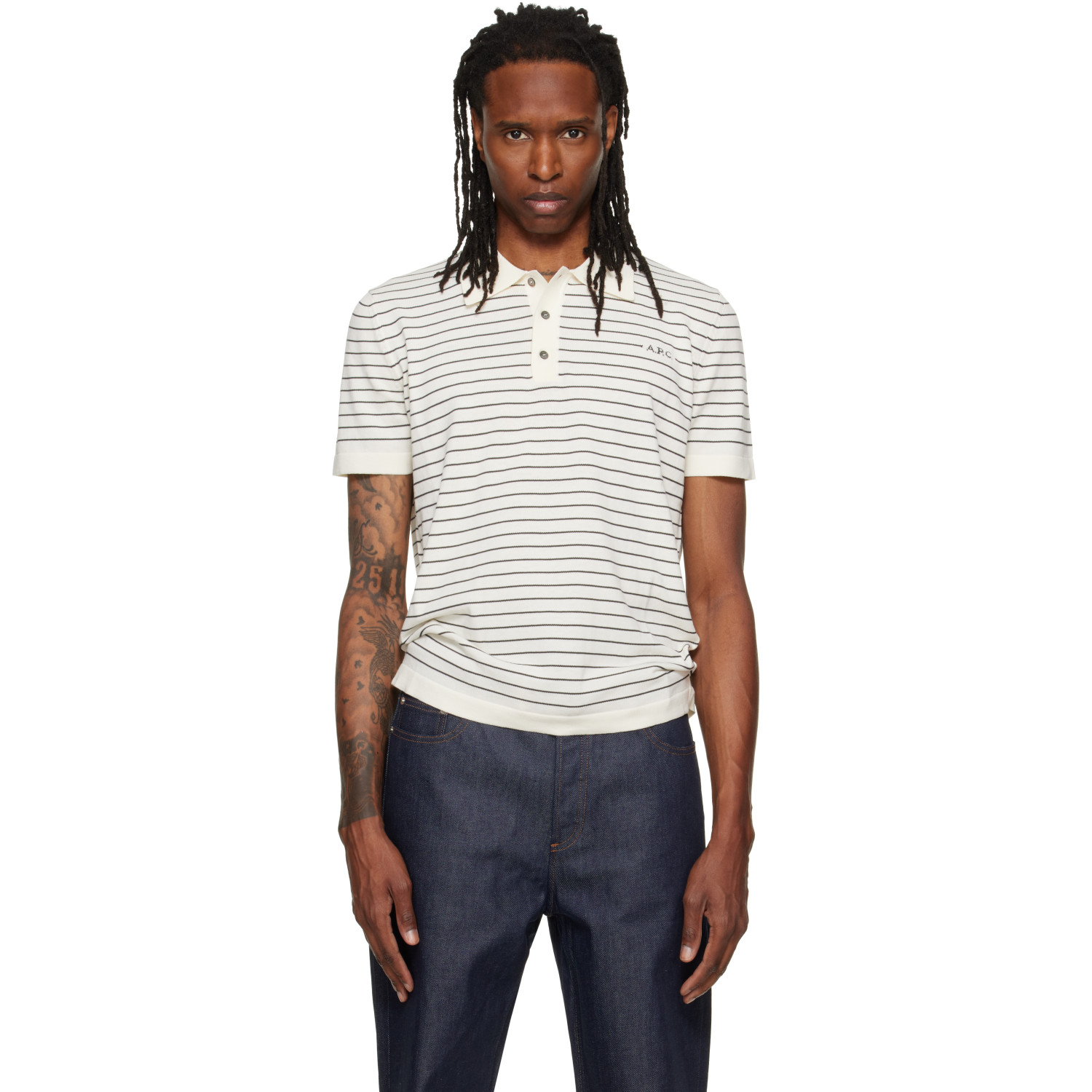 A.P.C. Off-White Fitted Striped Polo