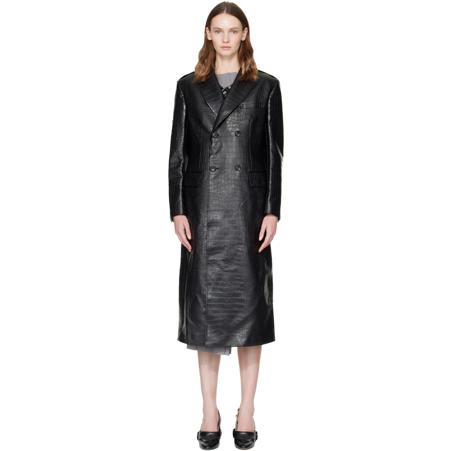Junya Watanabe Black Croc-Embossed Faux-Leather Coat