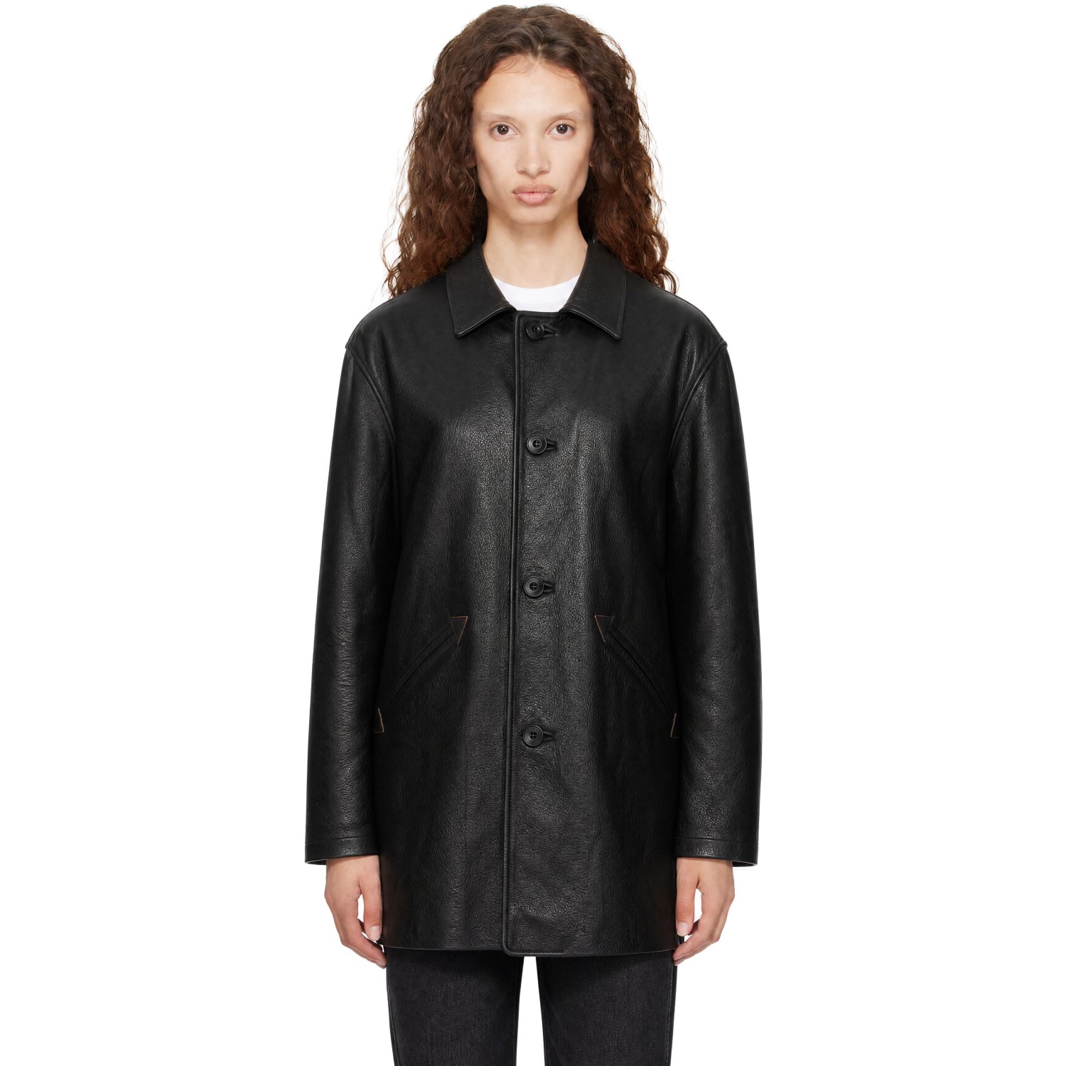 Coor Black Chevron Stitched Cow Leather Car Coat