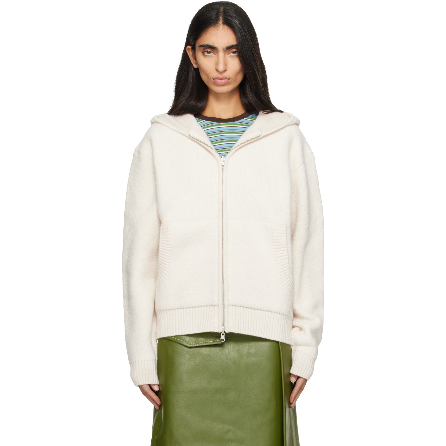 COOR Off-White Reversible Boucle Knit Zip Hoodie