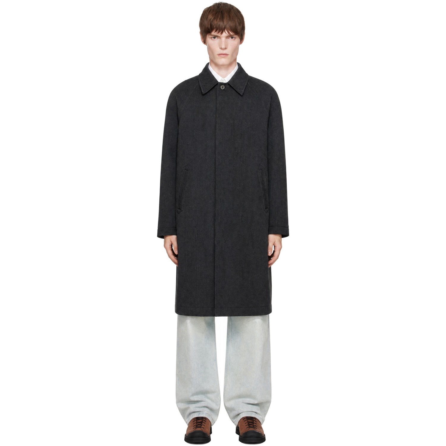 COOR Gray Round Shoulder Leather Trim Balmacaan Coat