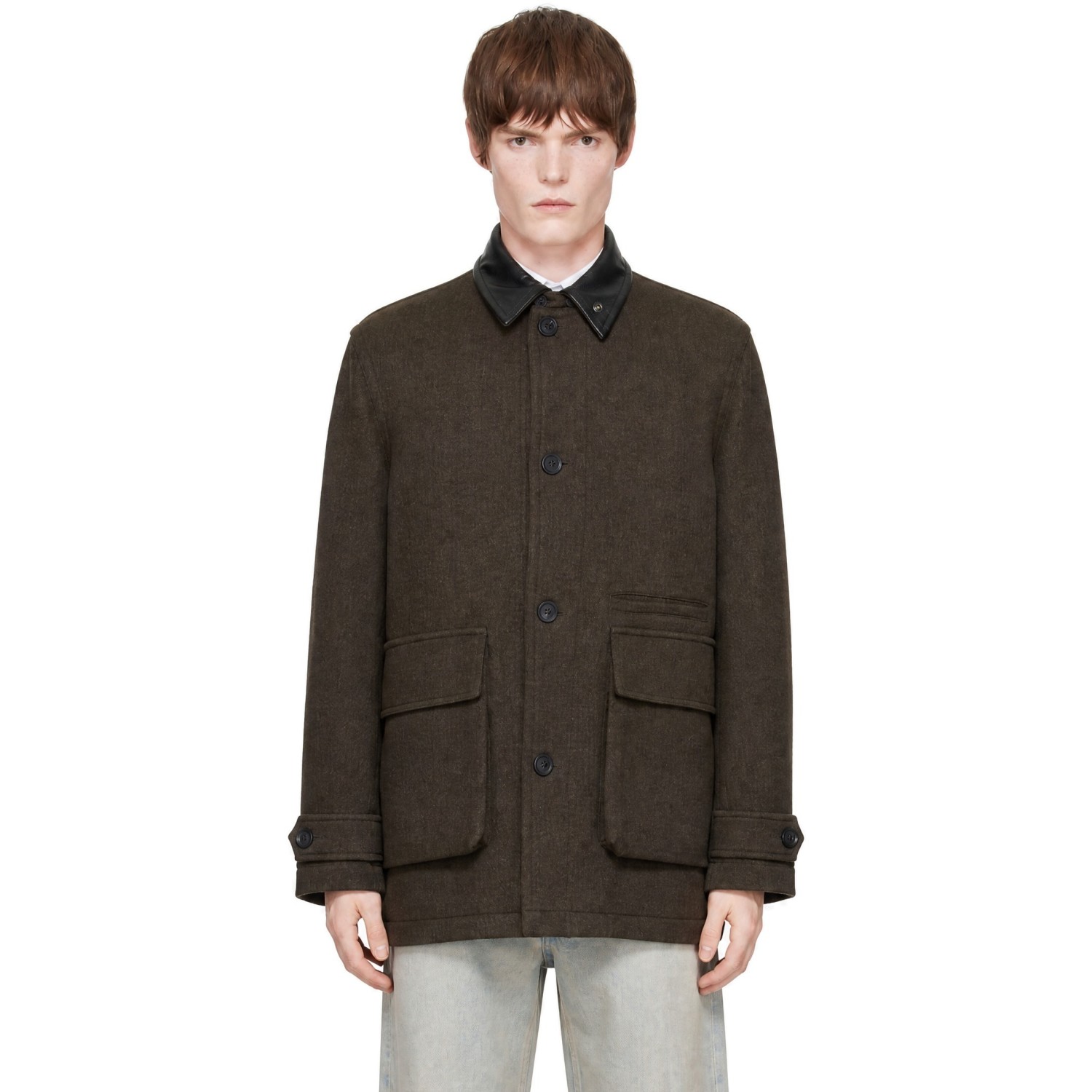 COOR Brown Trimming Leather Patchwork Coat
