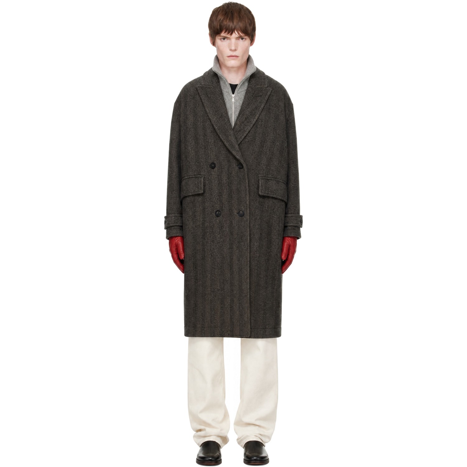 COOR Brown Classy Herringbone Twill Heavy Coat