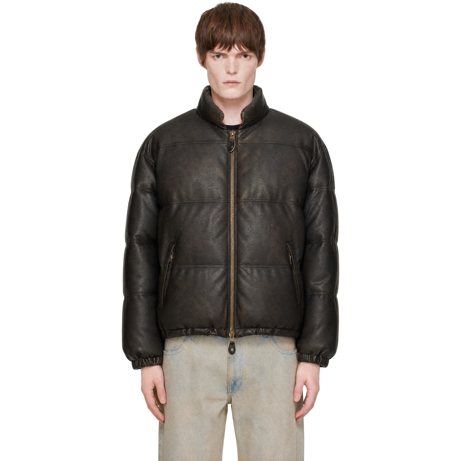 COOR Brown Faux-Leather Wash Crop Down Jacket