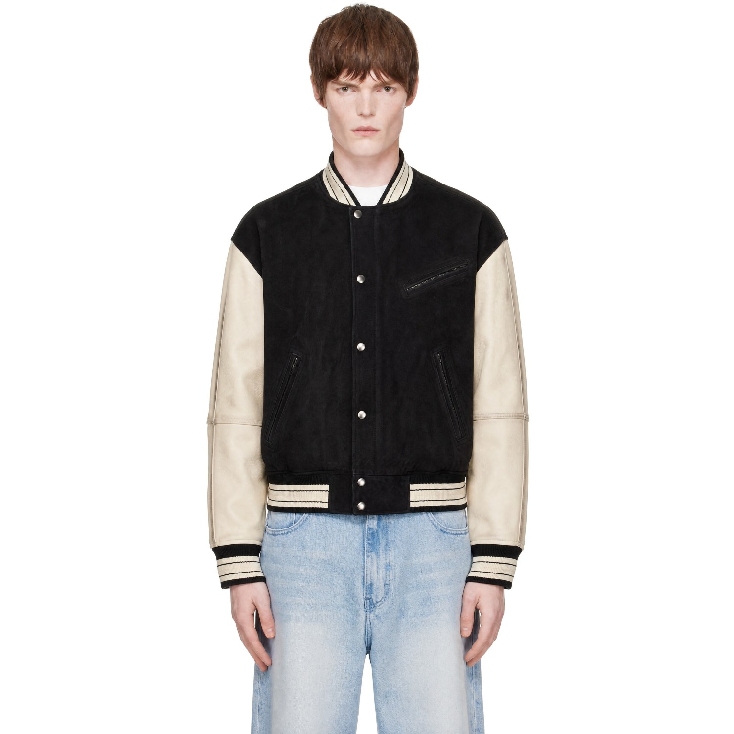 COOR Black & Off-White Mixed Leather Varsity Jacket