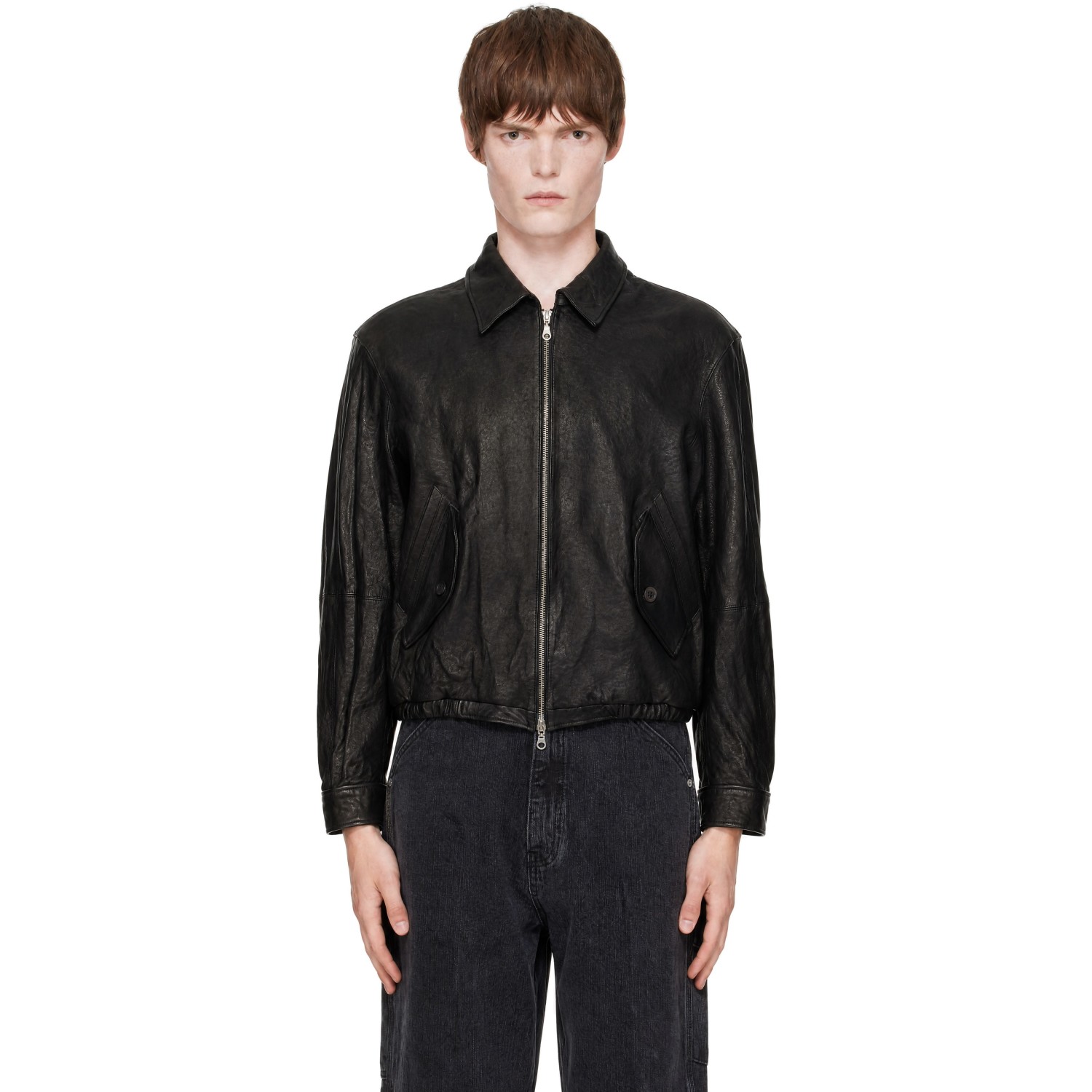 COOR Black Vegetable Swingtop Pleated Wash Leather Jacket