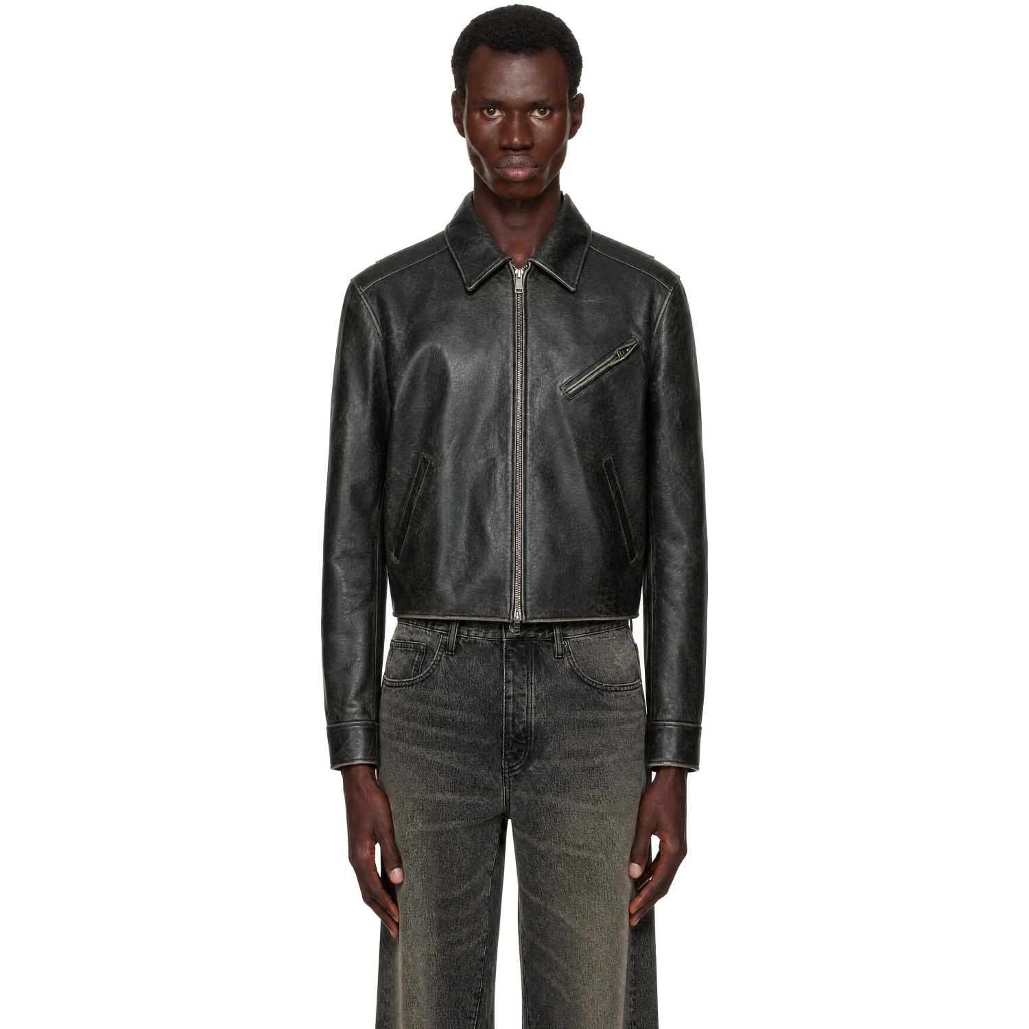 COOR Black Cow Washed Leather Biker Jacket