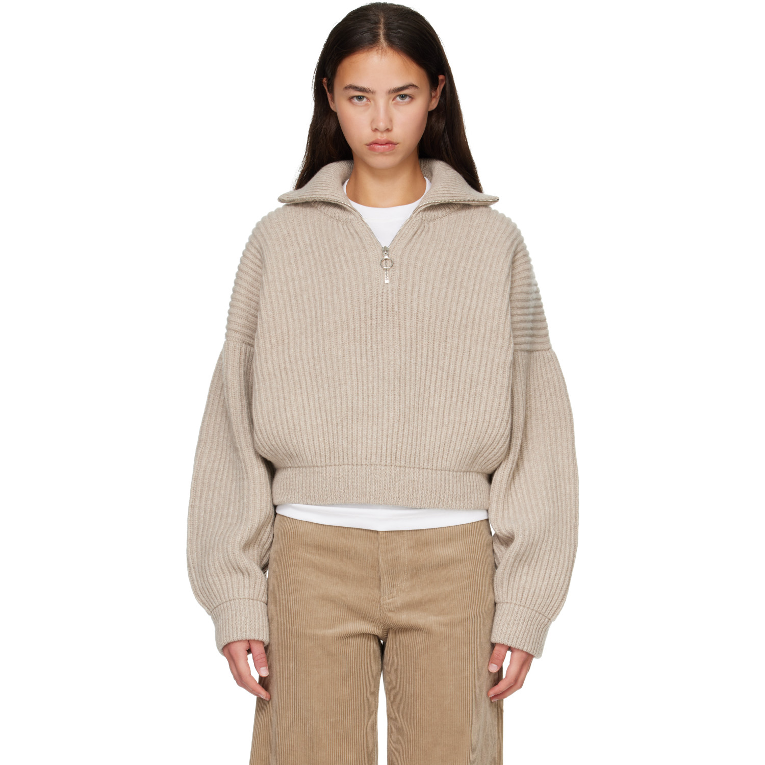 &Daughter Beige Rowan Rib Half Zip Sweater