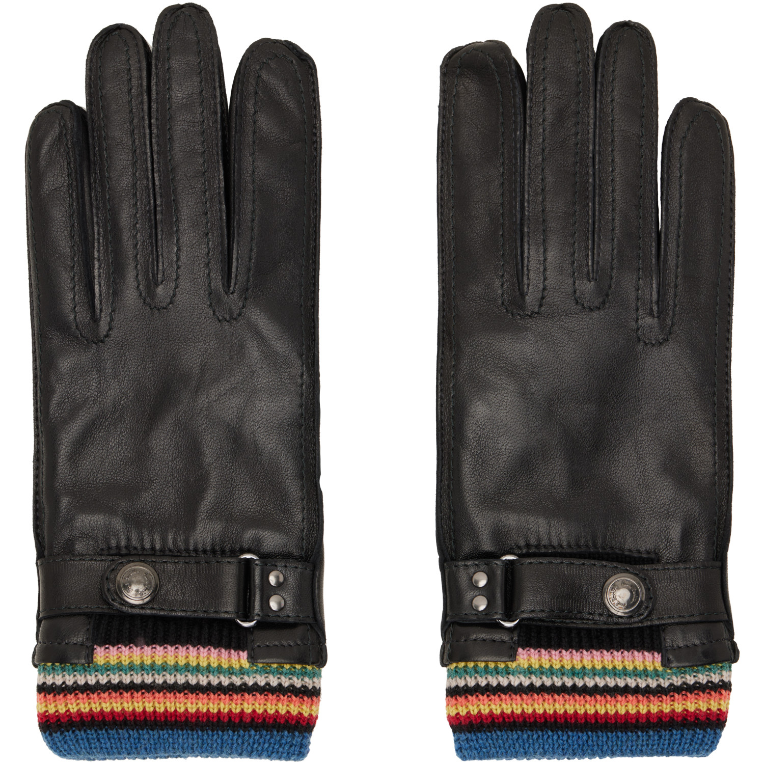 Paul Smith Black Leather 'Signature Stripe' Cuff Gloves