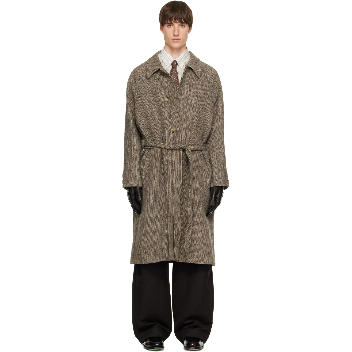 Paul Smith Brown Harris Tweed Herringbone Belted Coat