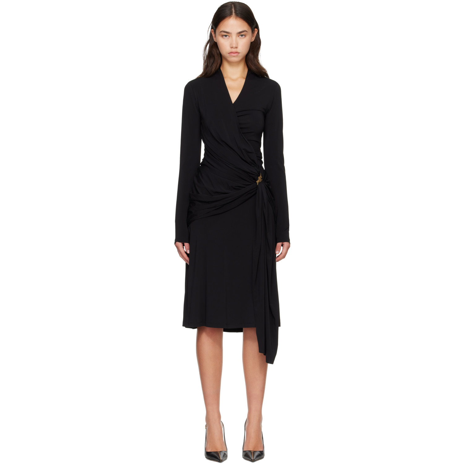 Ferragamo Black Gathered Waist Viscose Midi Dress
