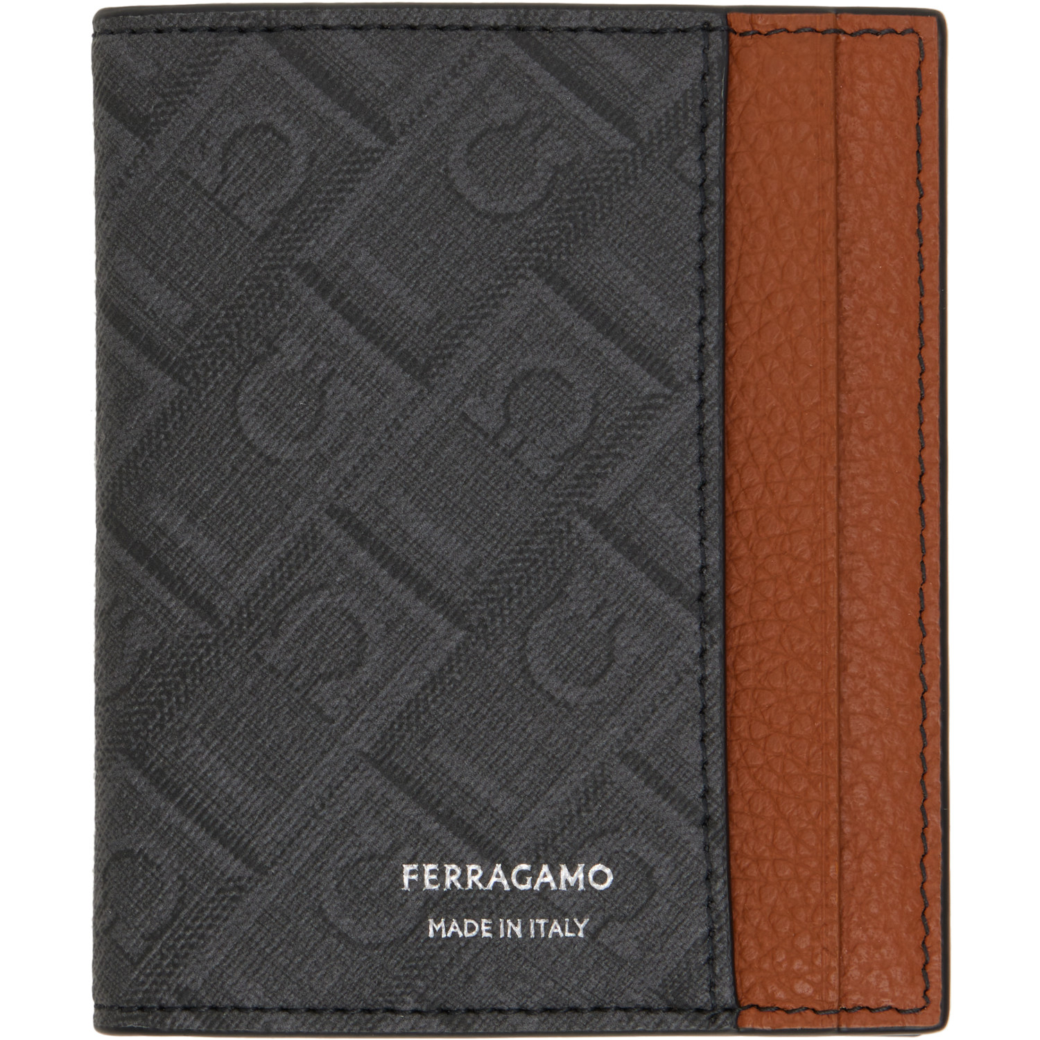 Ferragamo Gray & Brown Monogram Bifold Card Holder In Nero/grigio || Natur