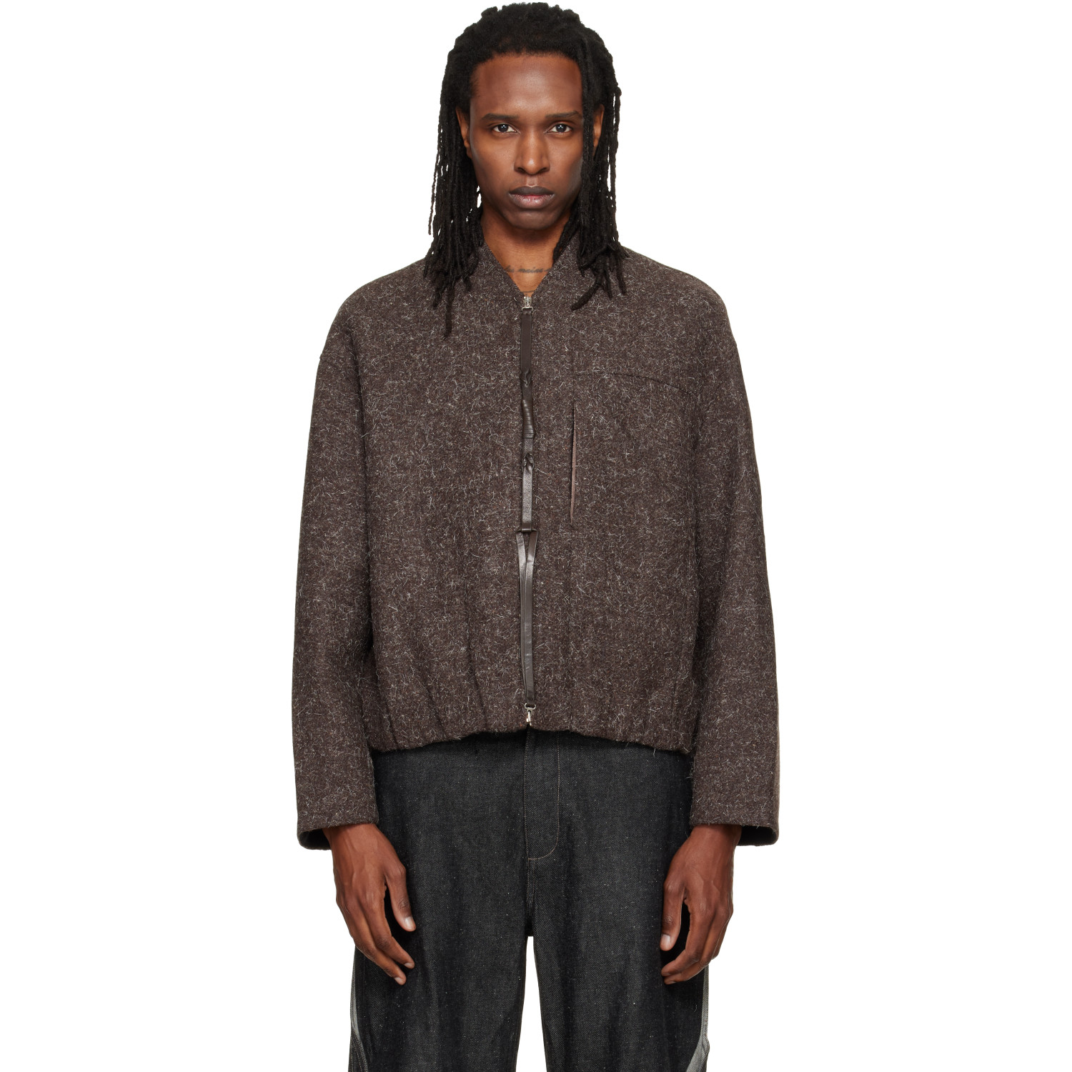 NULLUS Brown Wool Strapped Zipper Blouson Jacket