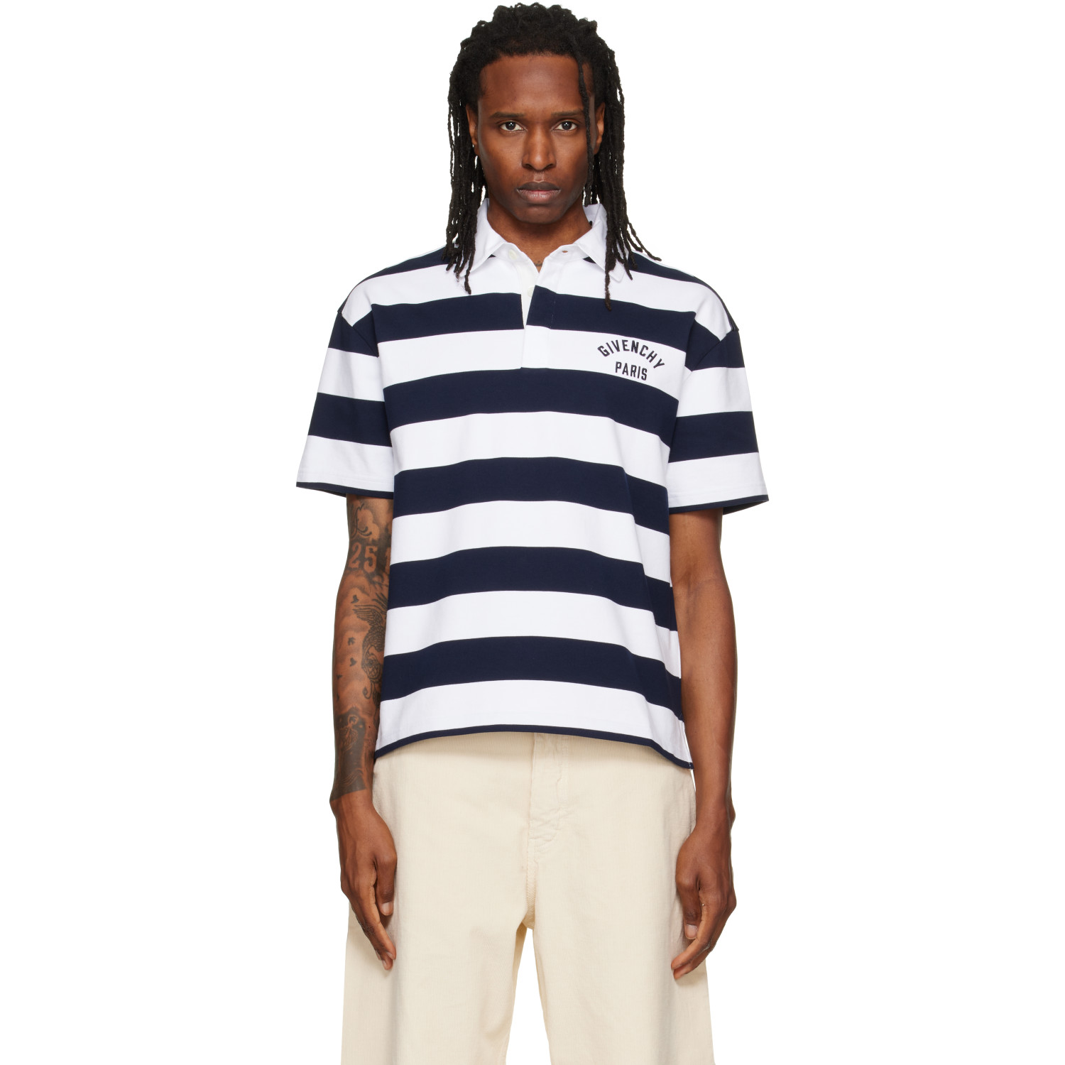 Givenchy White & Navy Striped 'Givenchy Paris' Embroidery Polo
