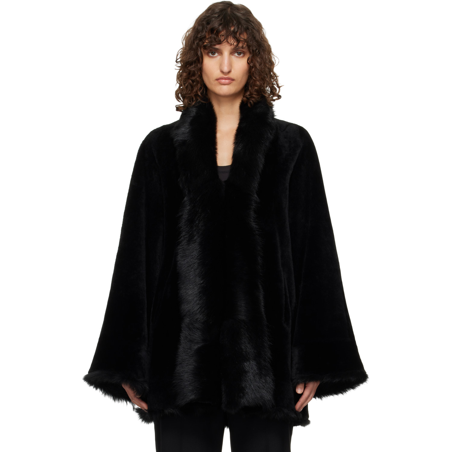 Nour Hammour Black Sima Midi Shearling Coat