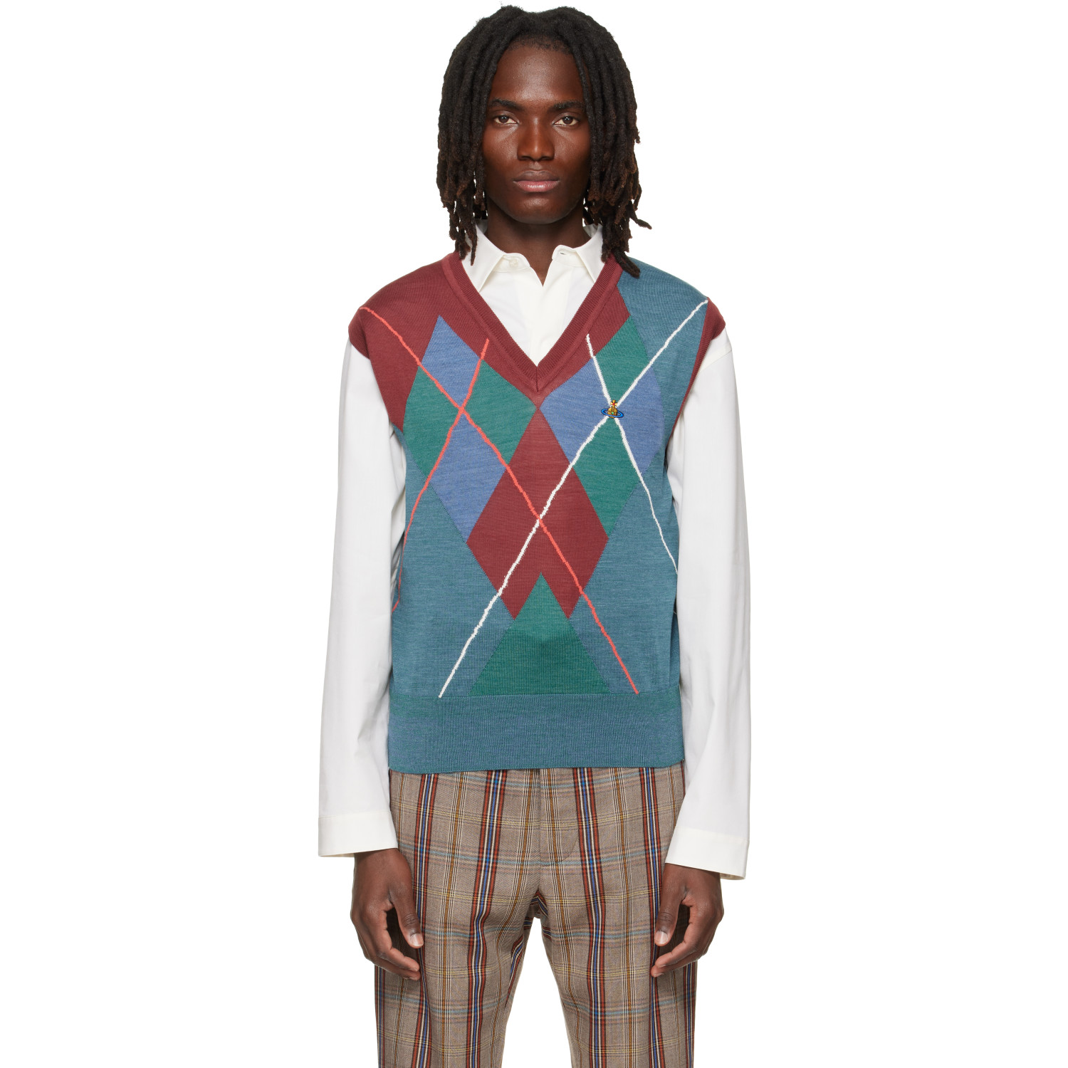 Vivienne Westwood Burgundy & Blue Argyle Vest
