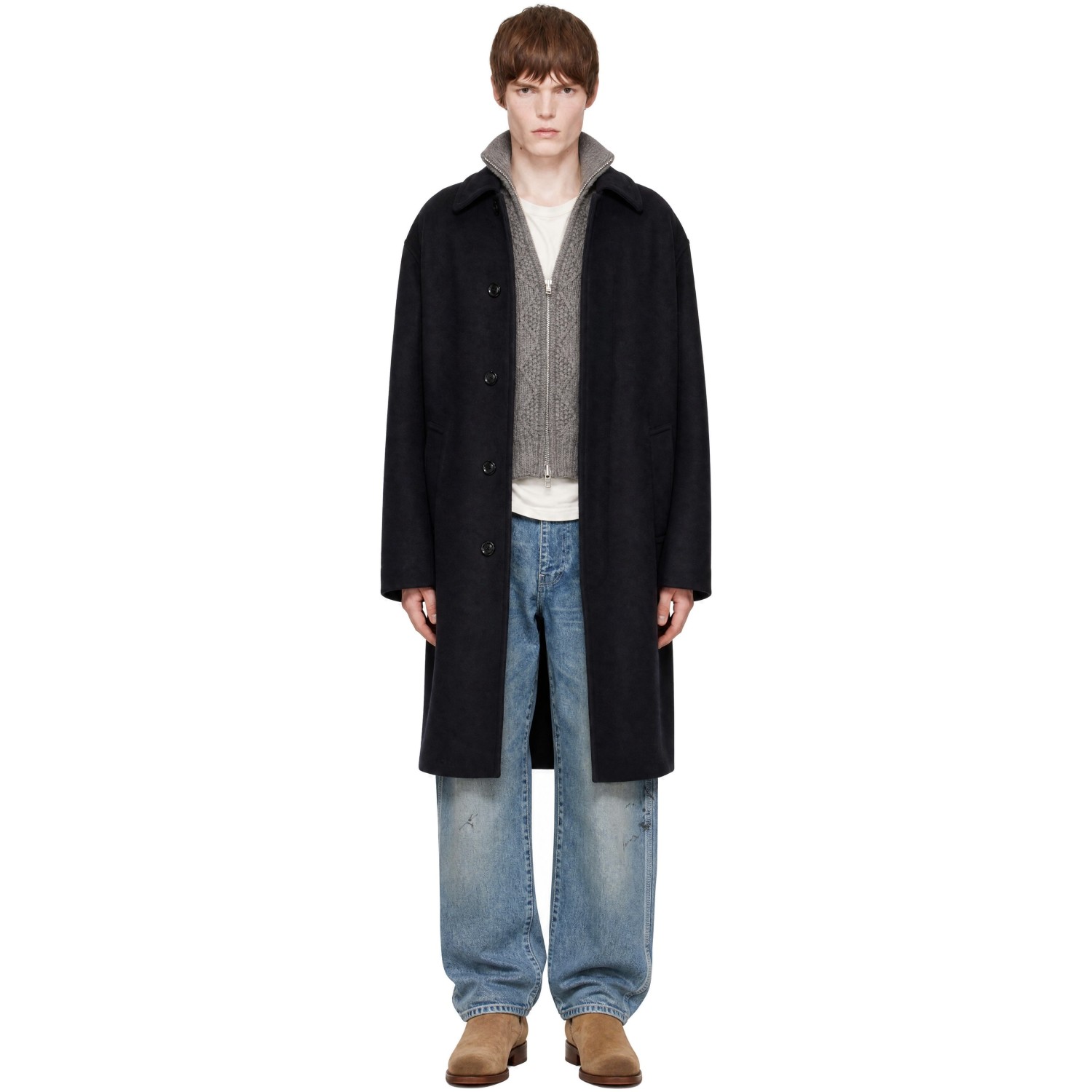 vowels Black Wool Overcoat