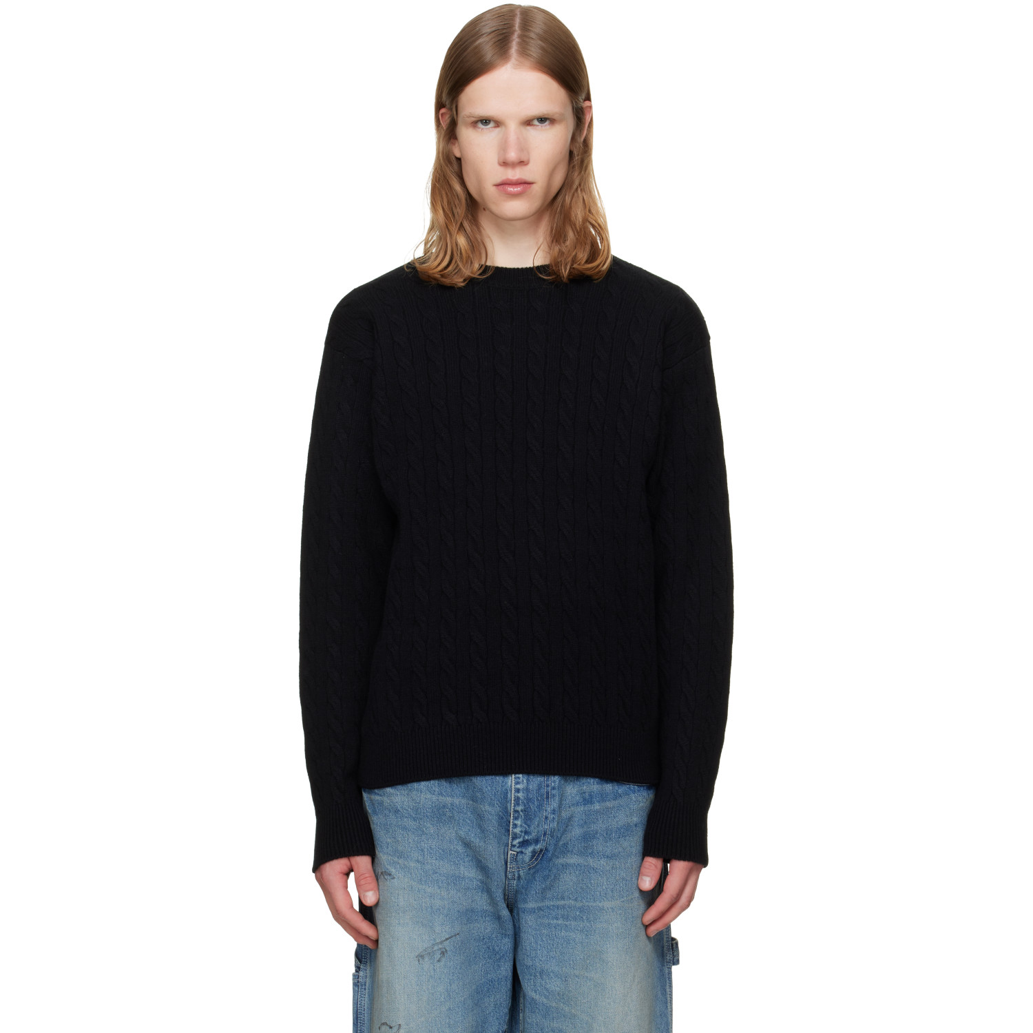 vowels Black Cable Knit Crewneck Sweater