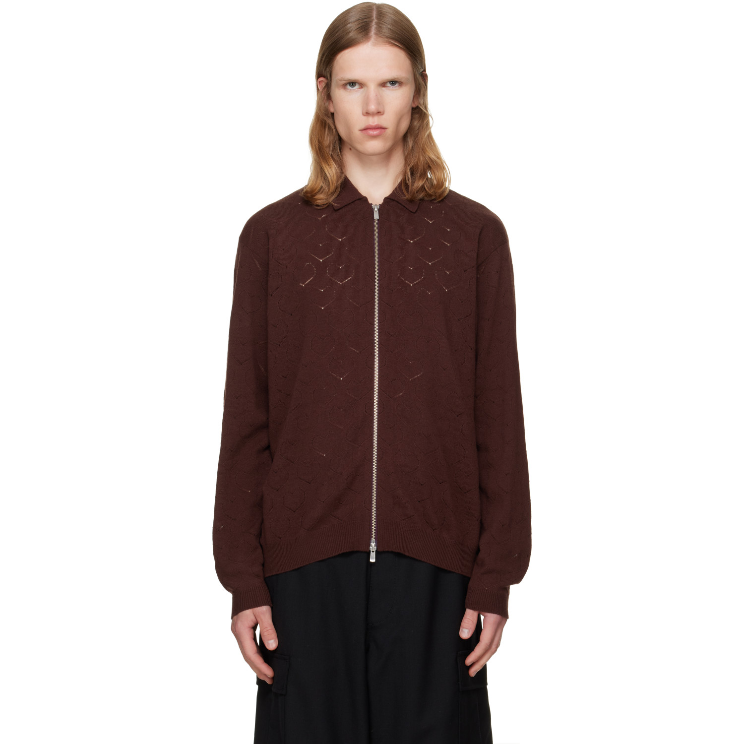 vowels Brown Eyelet Knitted Zip-Up Sweater