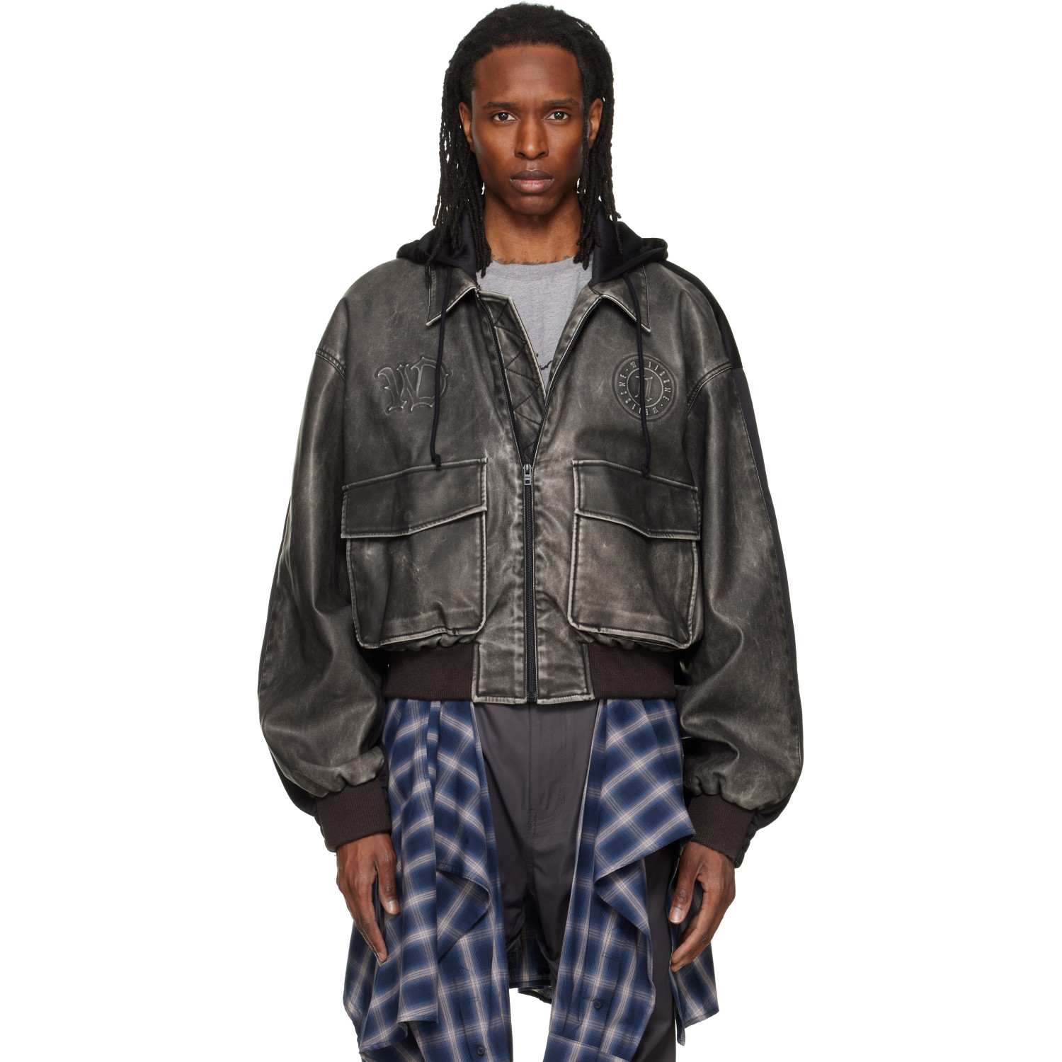 We11done Black Hybrid Hooded Faux-Leather Track Jacket