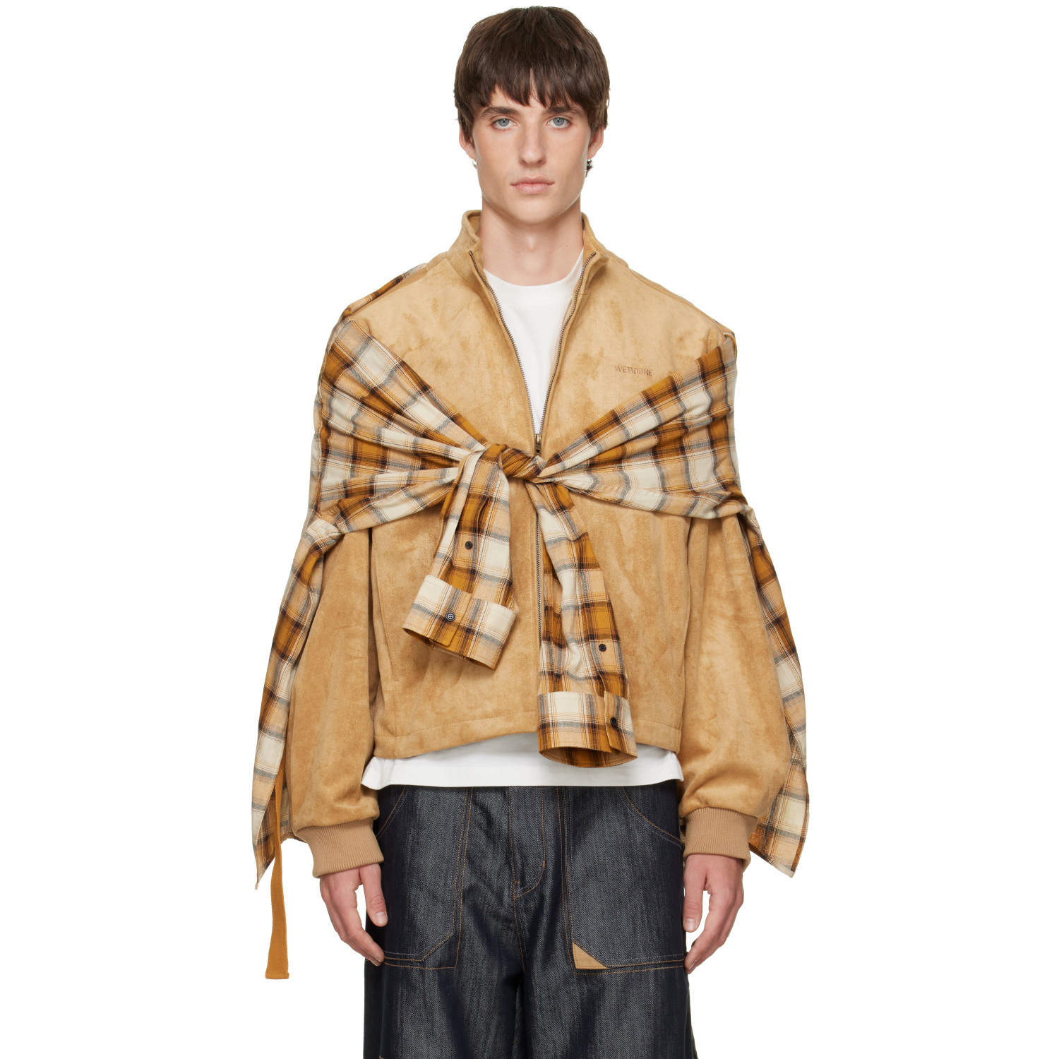 We11done Tan Faux-Suede Layered Harrington Jacket