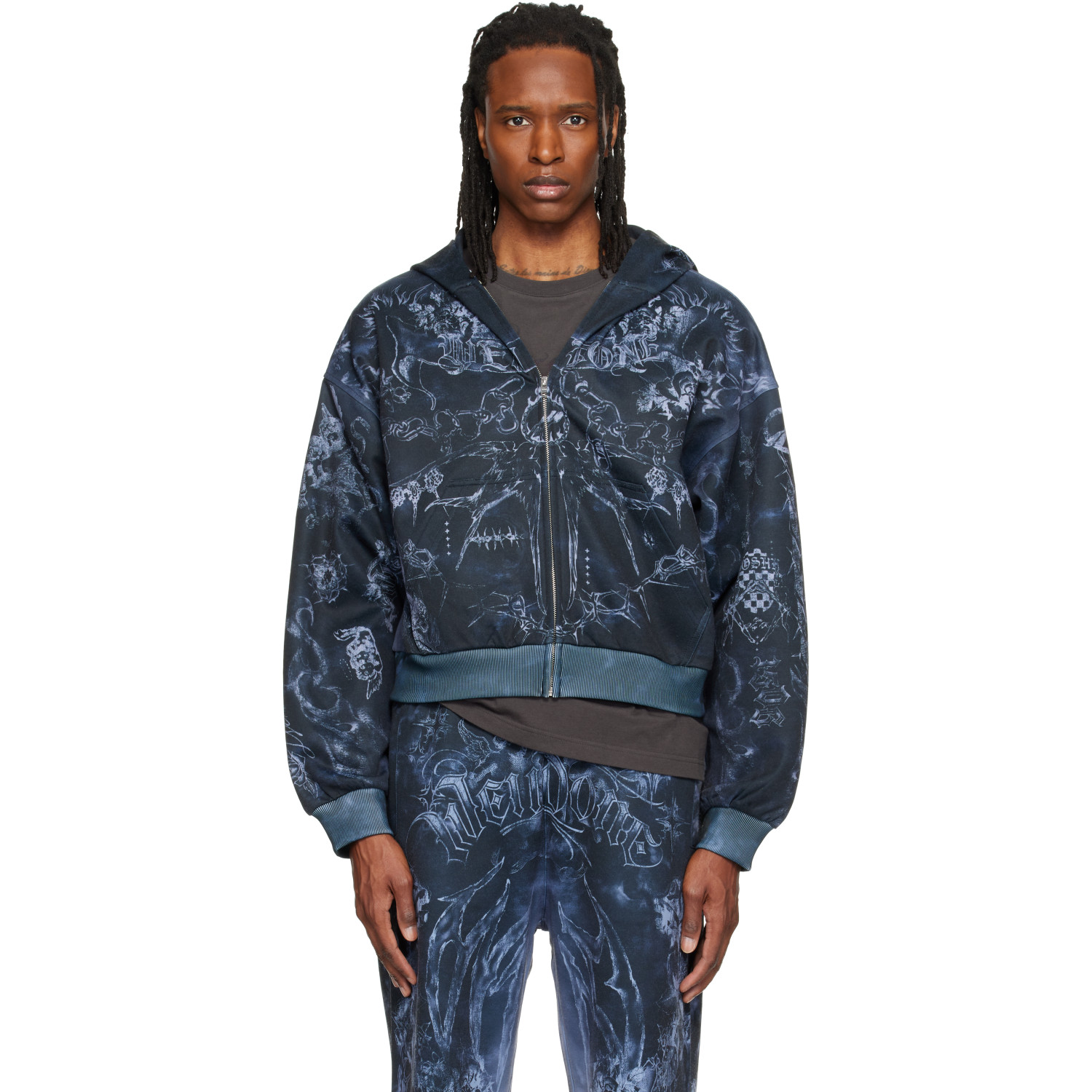 We11done Gray Tattoo Printed Zip-Up Hoodie