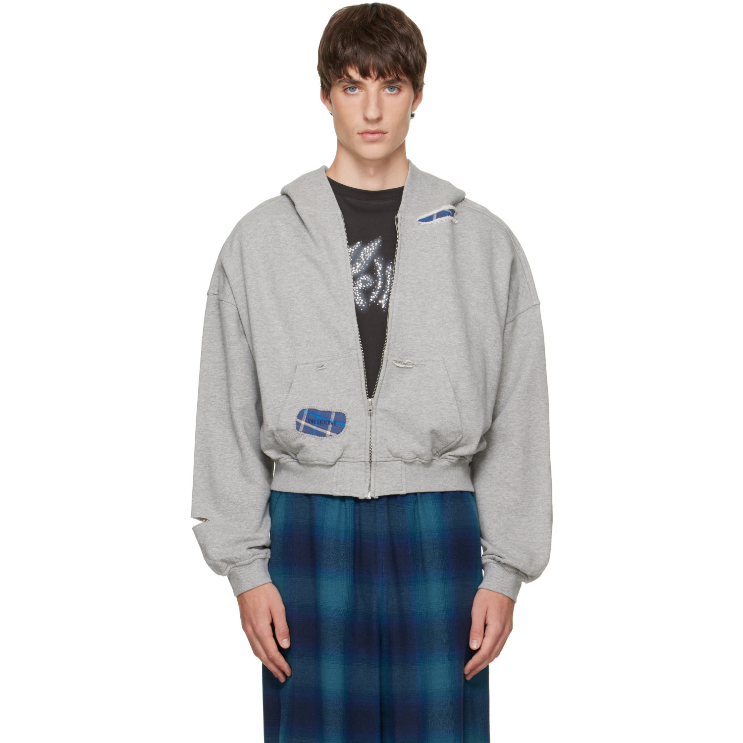 We11done Gray Repaired Zip-Up Hoodie