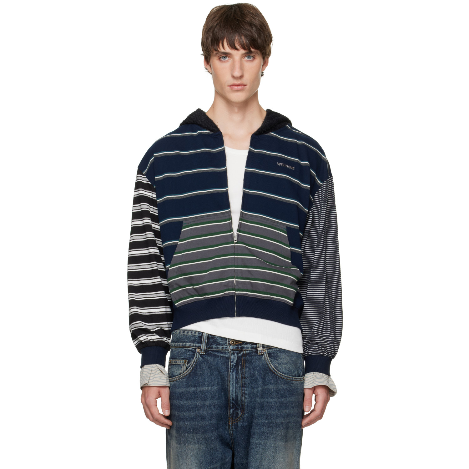 We11done Navy Layered Striped Zip-Up Hoodie