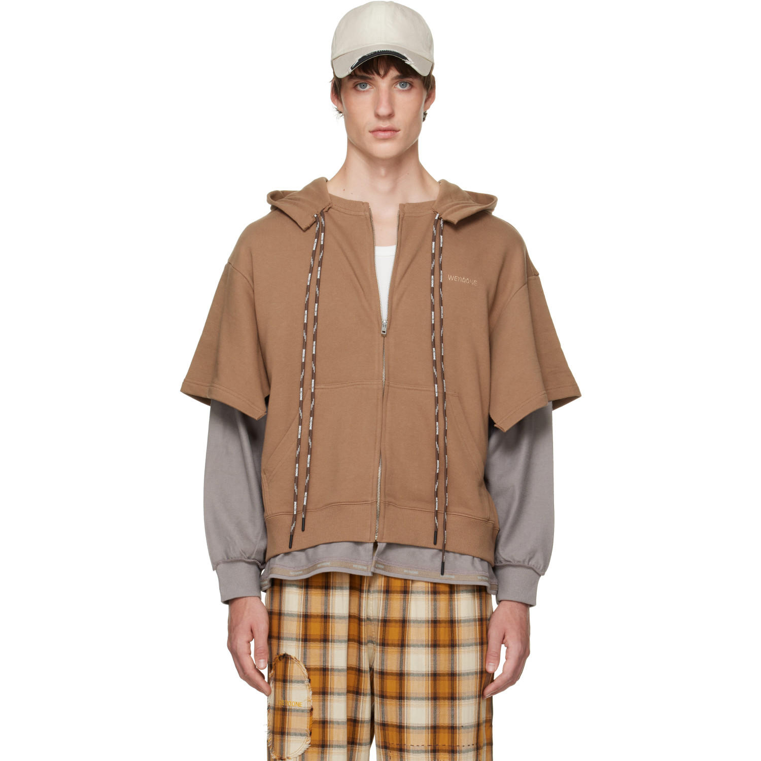 We11done Brown & Gray Layered Double String Zip-Up Hoodie