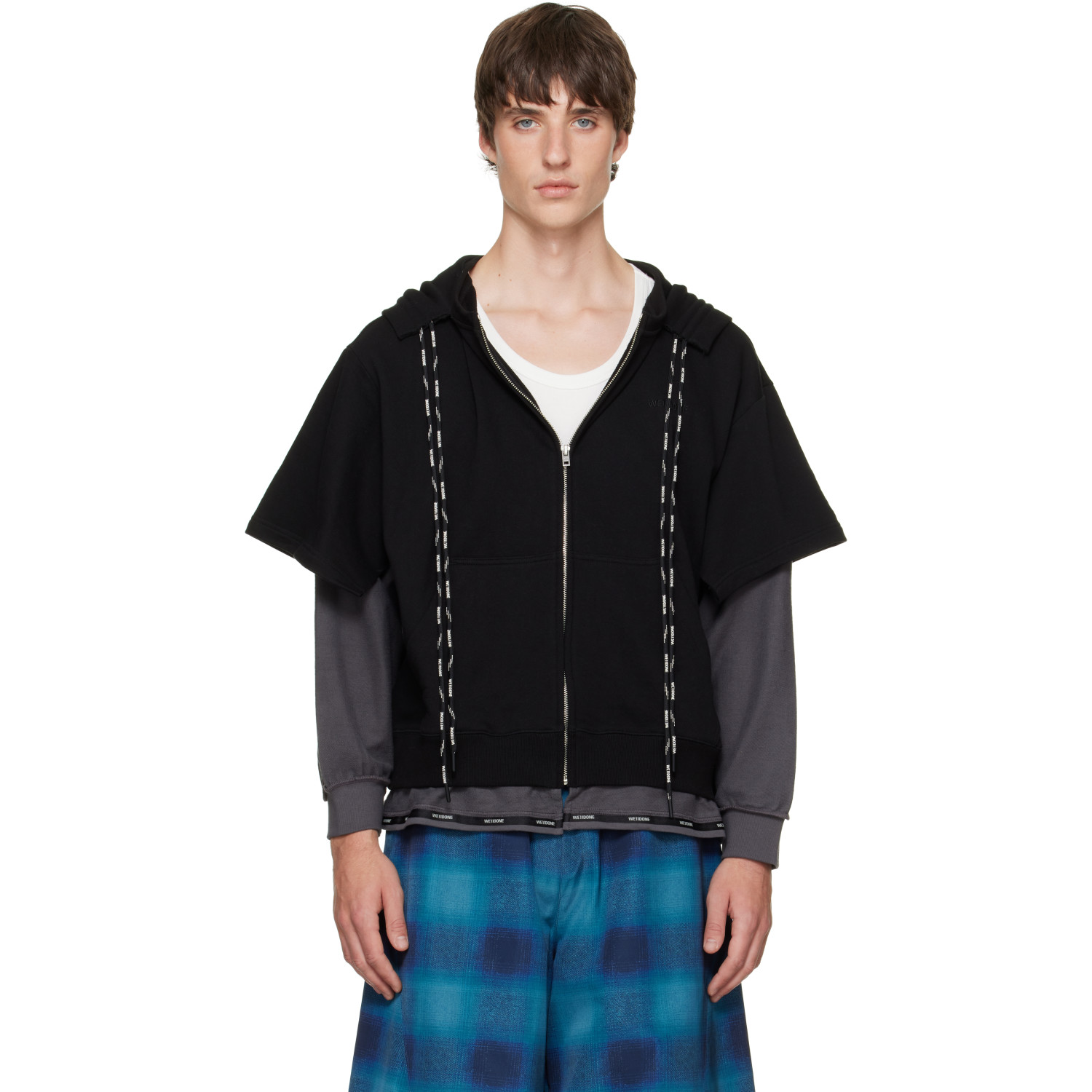 We11done Black & Gray Layered Double String Zip-Up Hoodie