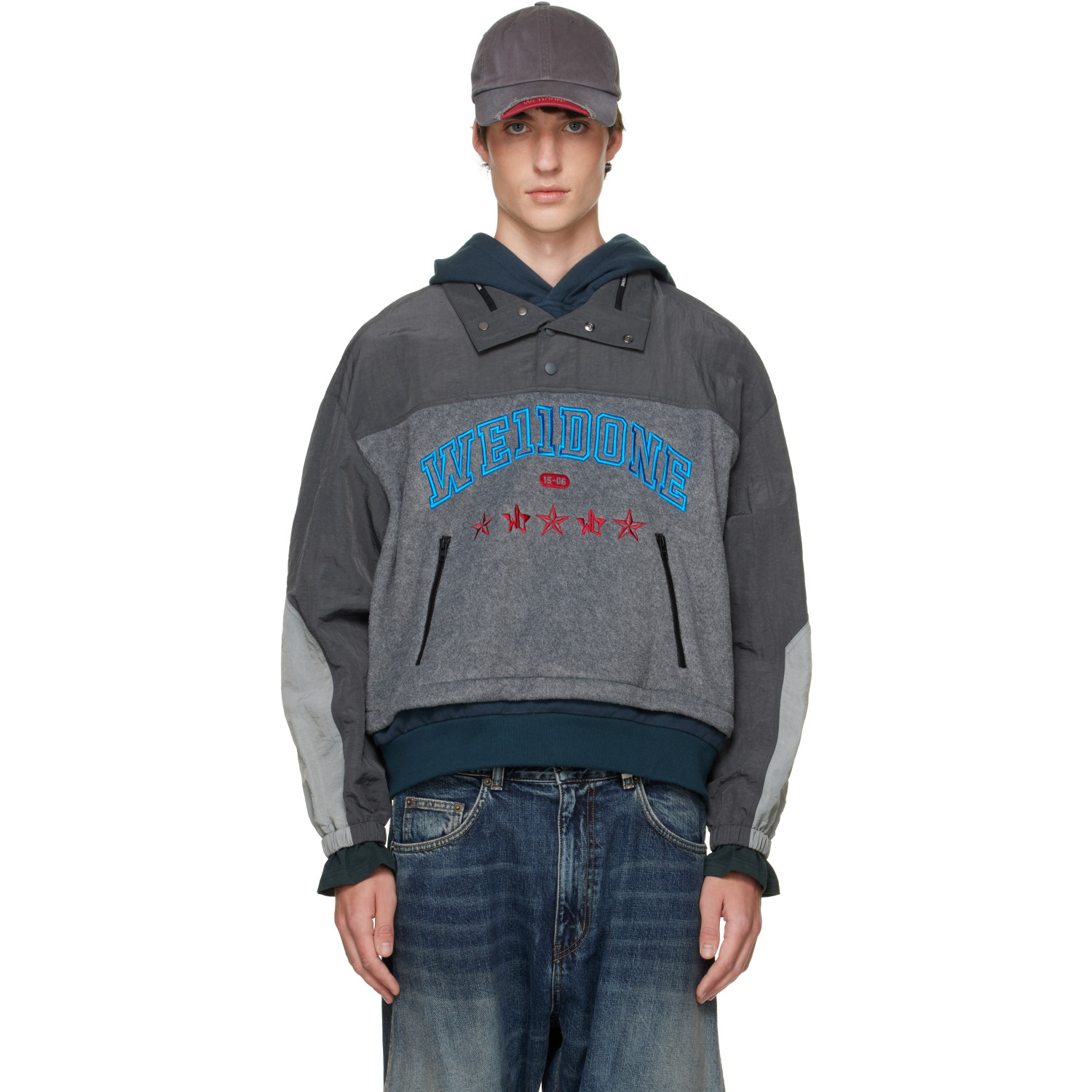 We11done Gray Layered Fleece Hoodie
