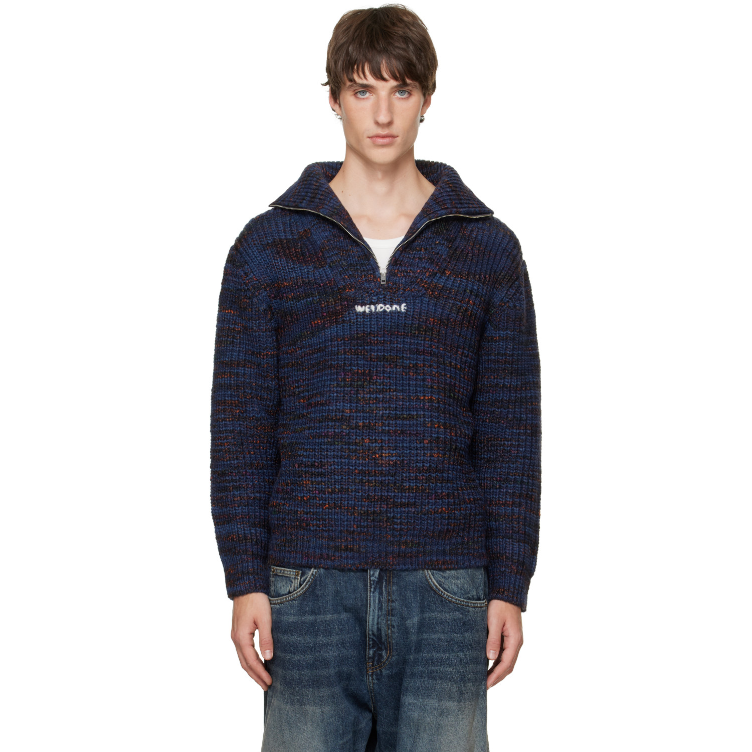 We11done Navy Chunky Embroidered Quarter-Zip Sweater