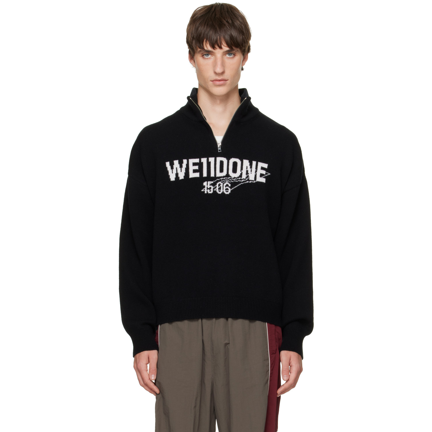 We11done Black Wide-Fit '1506' Logo Half-Zip Sweater