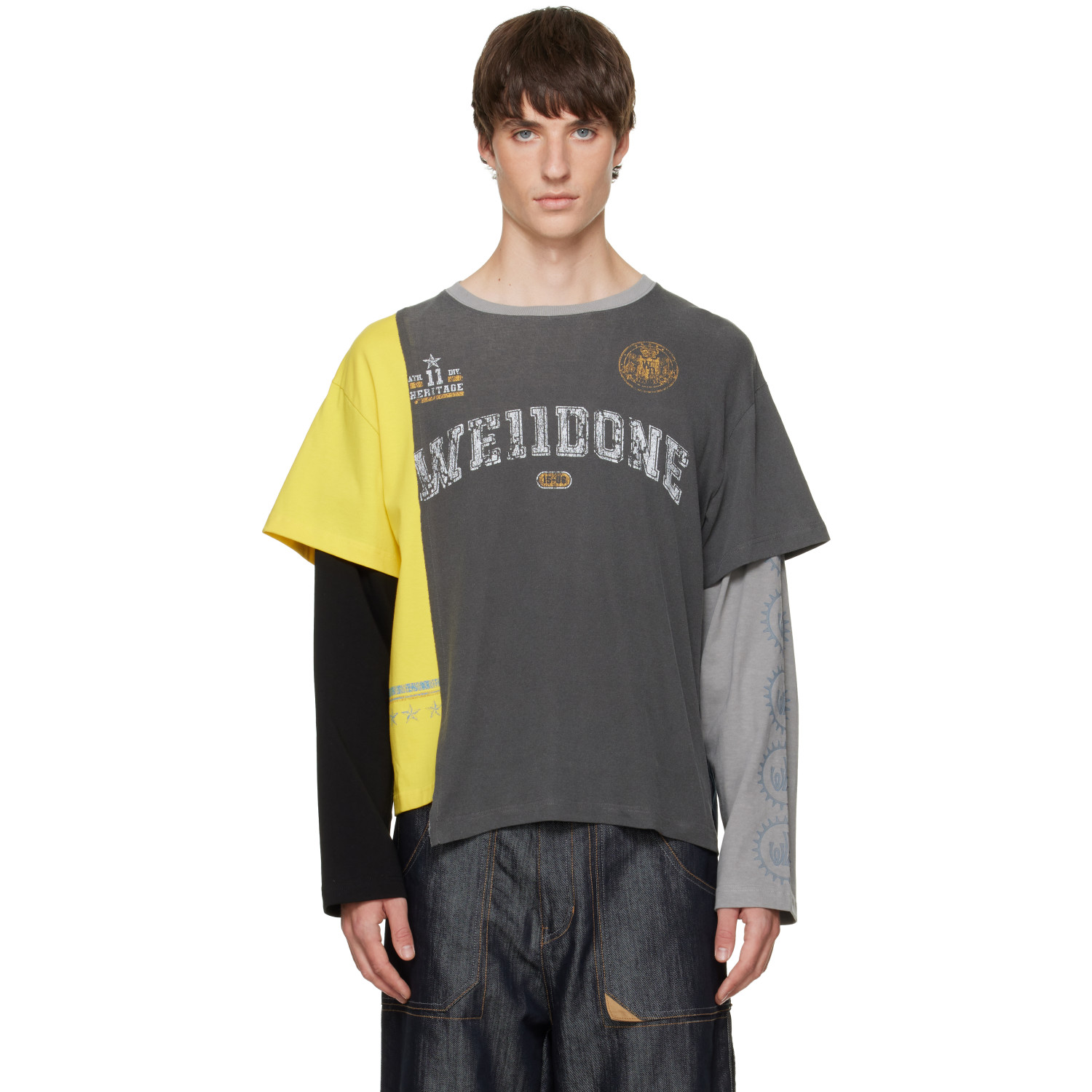 We11done Gray Patchwork Layered Long-Sleeve T-shirt