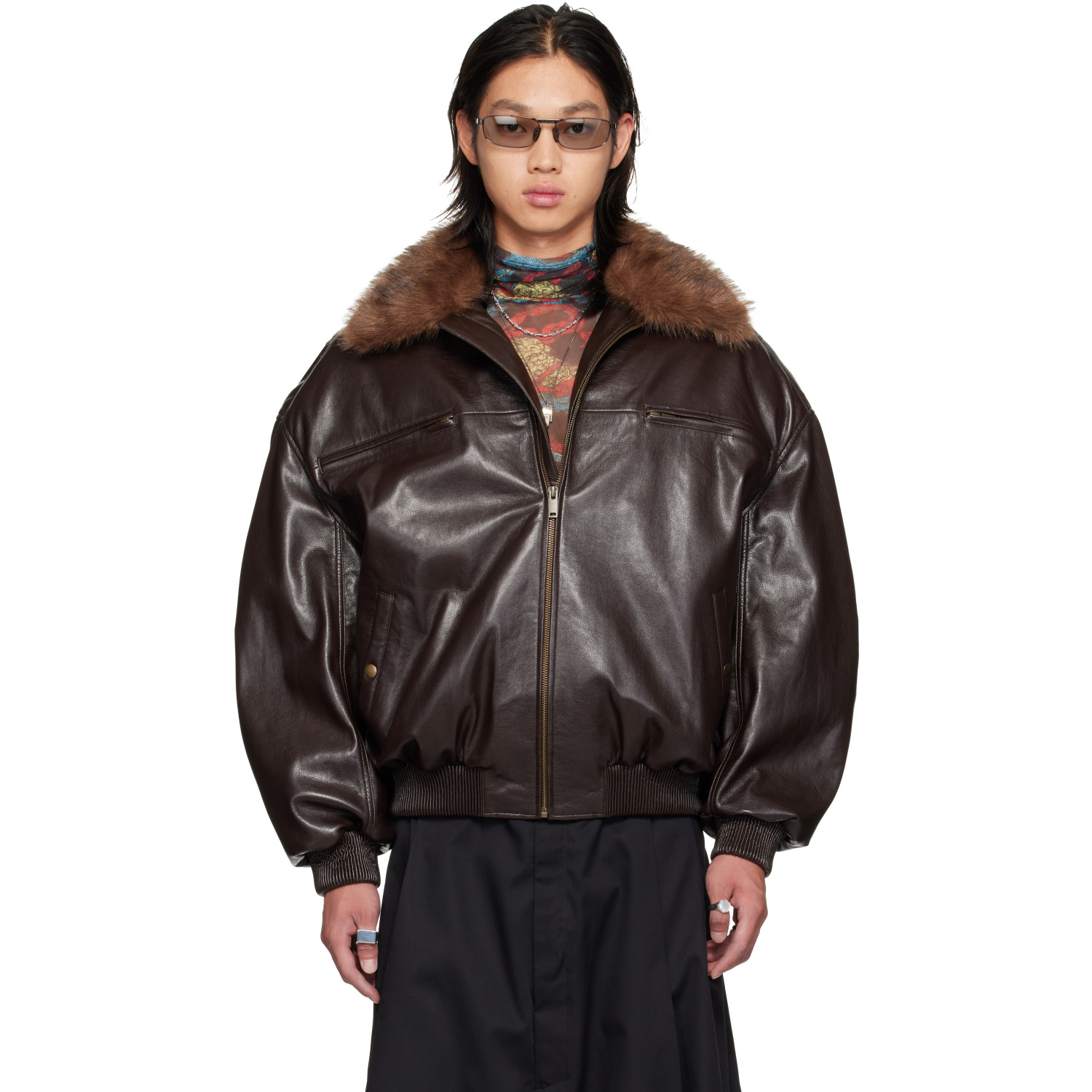 LU'U DAN Brown Faux-Leather Cargo Flight Jacket