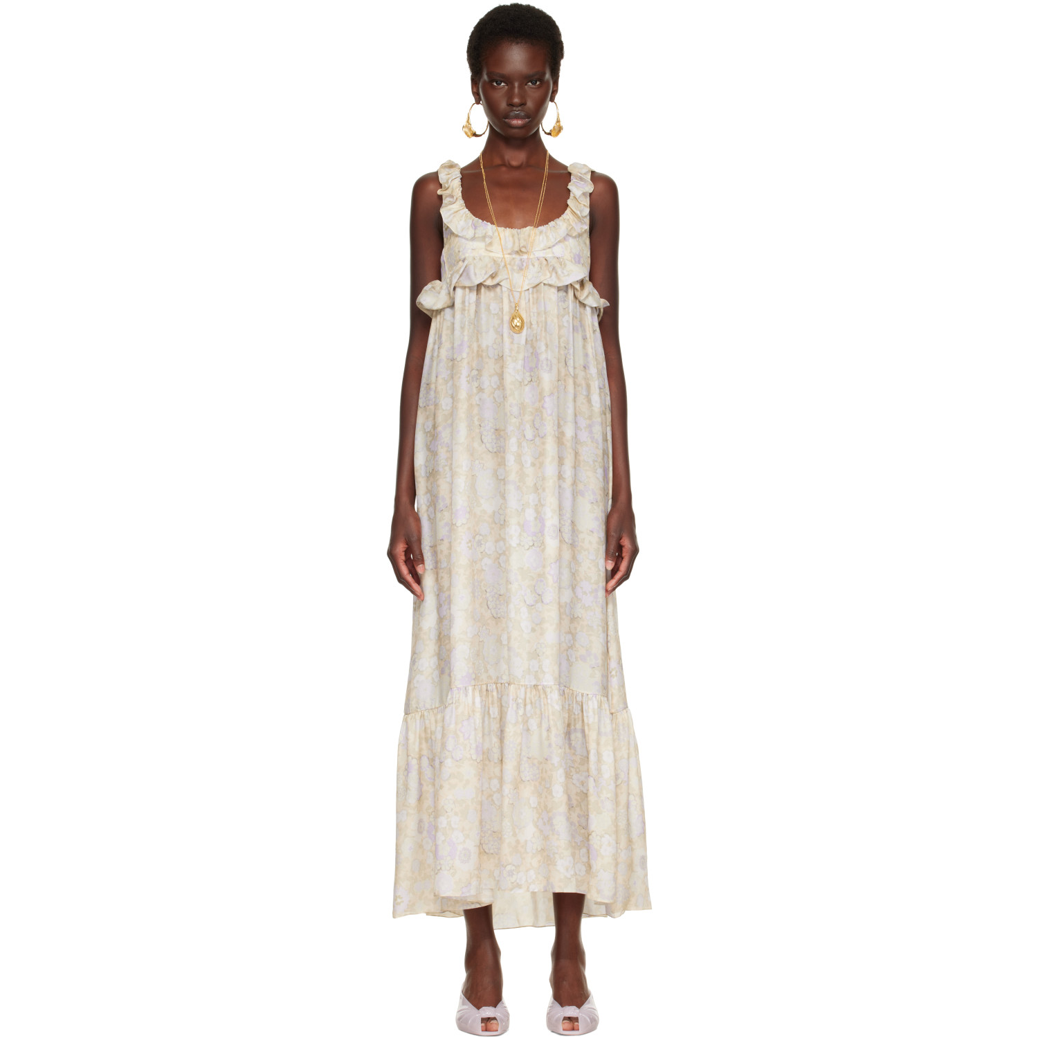 Chloé Multicolor Painted Flowers Print Silk Charmeuse Maxi Dress