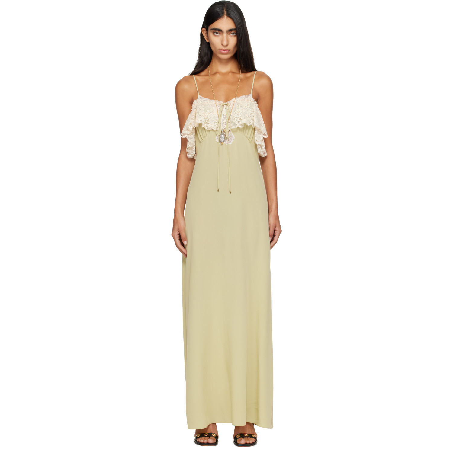 Chloé Green Crêpe de Chine & Lace Thin-Strap Maxi Dress