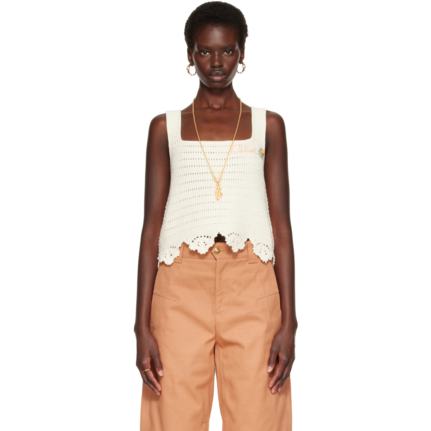 Chloé Off-White Crochet Sleeveless Cropped Tank Top