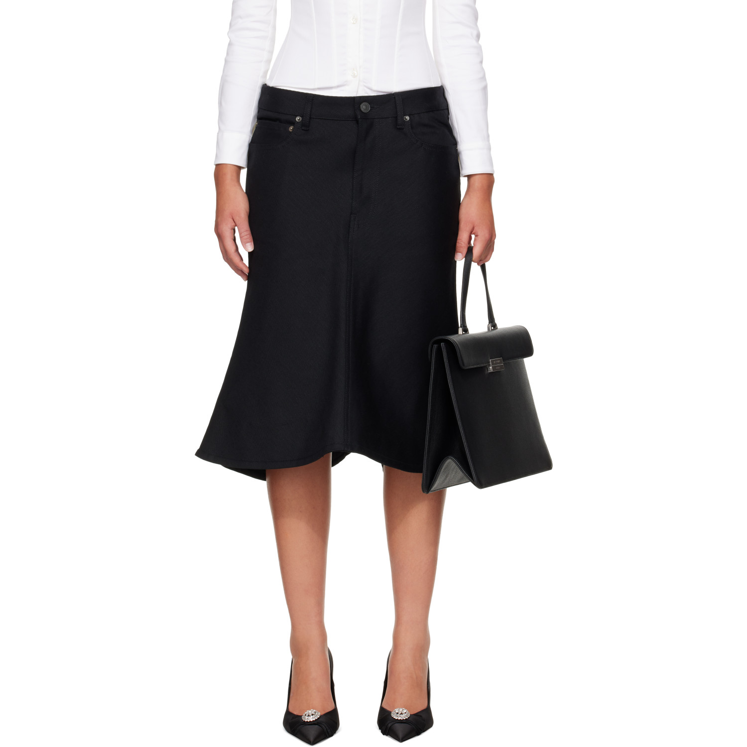 Balenciaga Black Flared Denim Midi Skirt