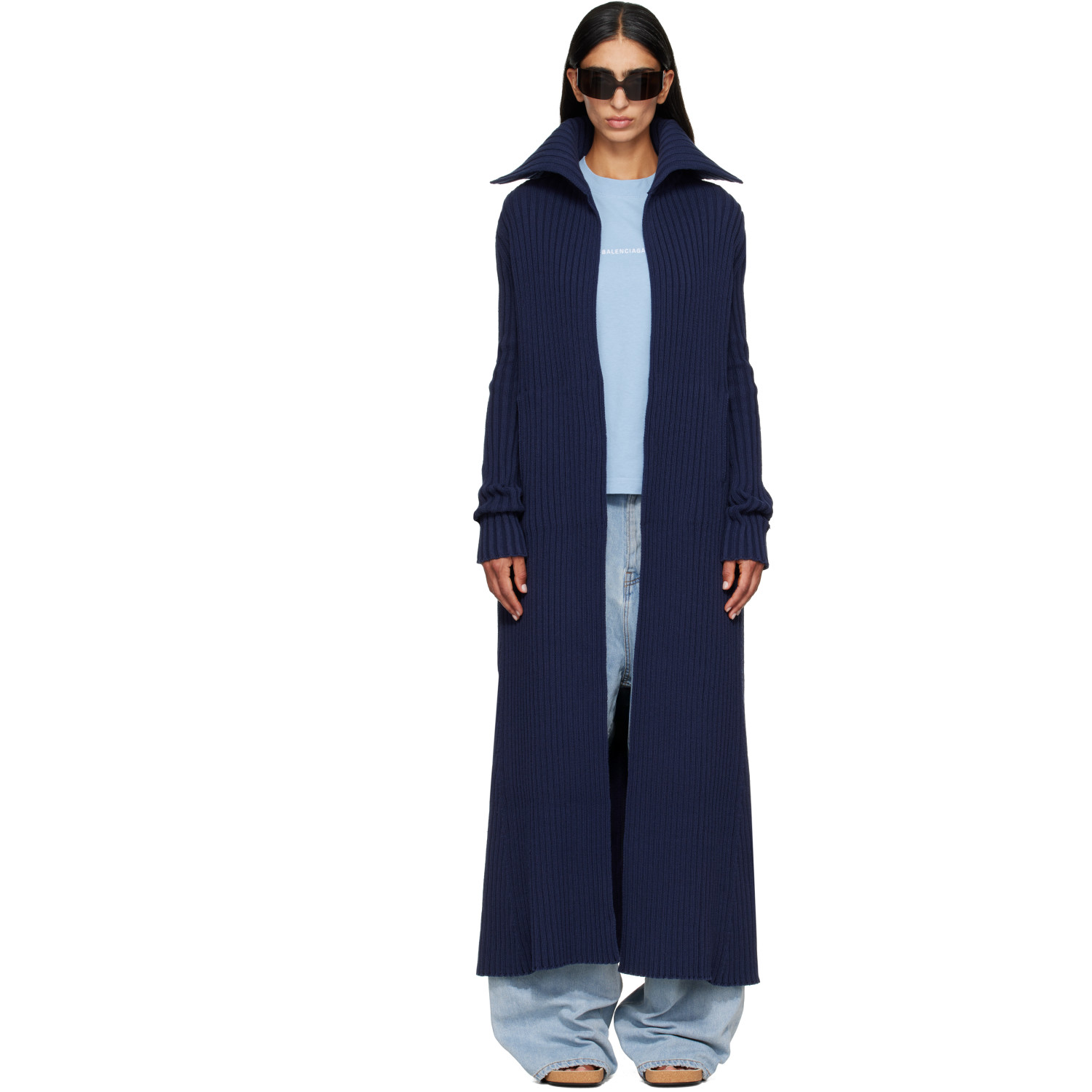 Balenciaga Navy Cotton Mix Thick Ribs Maxi Cardigan