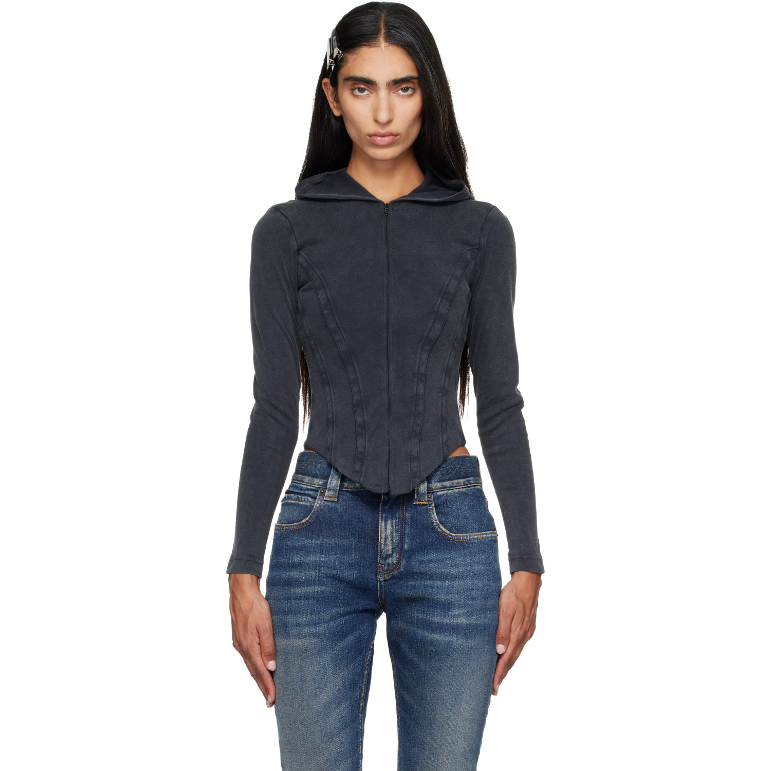 Balenciaga Black Corseted Zip Interlock Stretch Jersey Hoodie