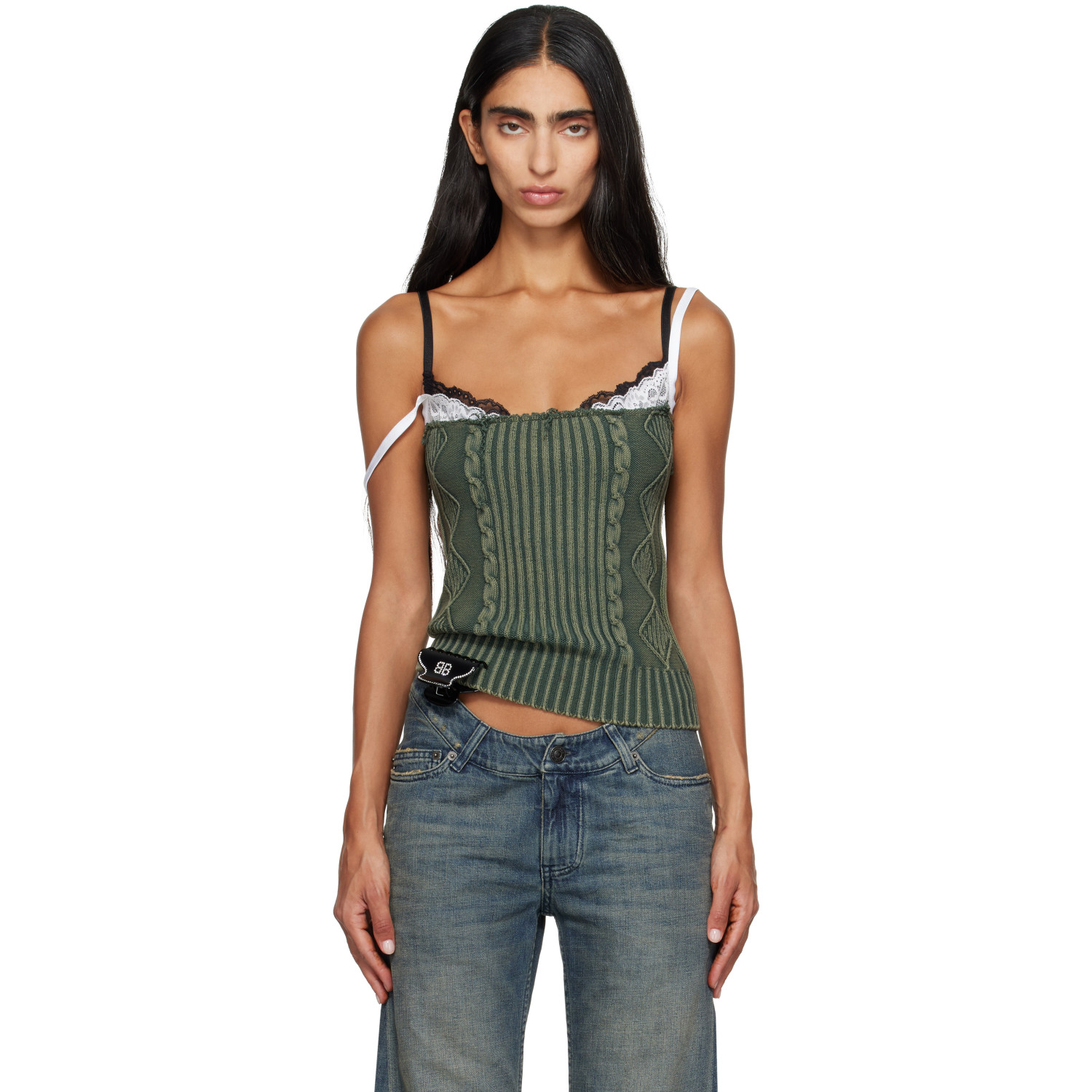 Balenciaga Green Patched Cotton Hybrid Cable Knit Tank Top